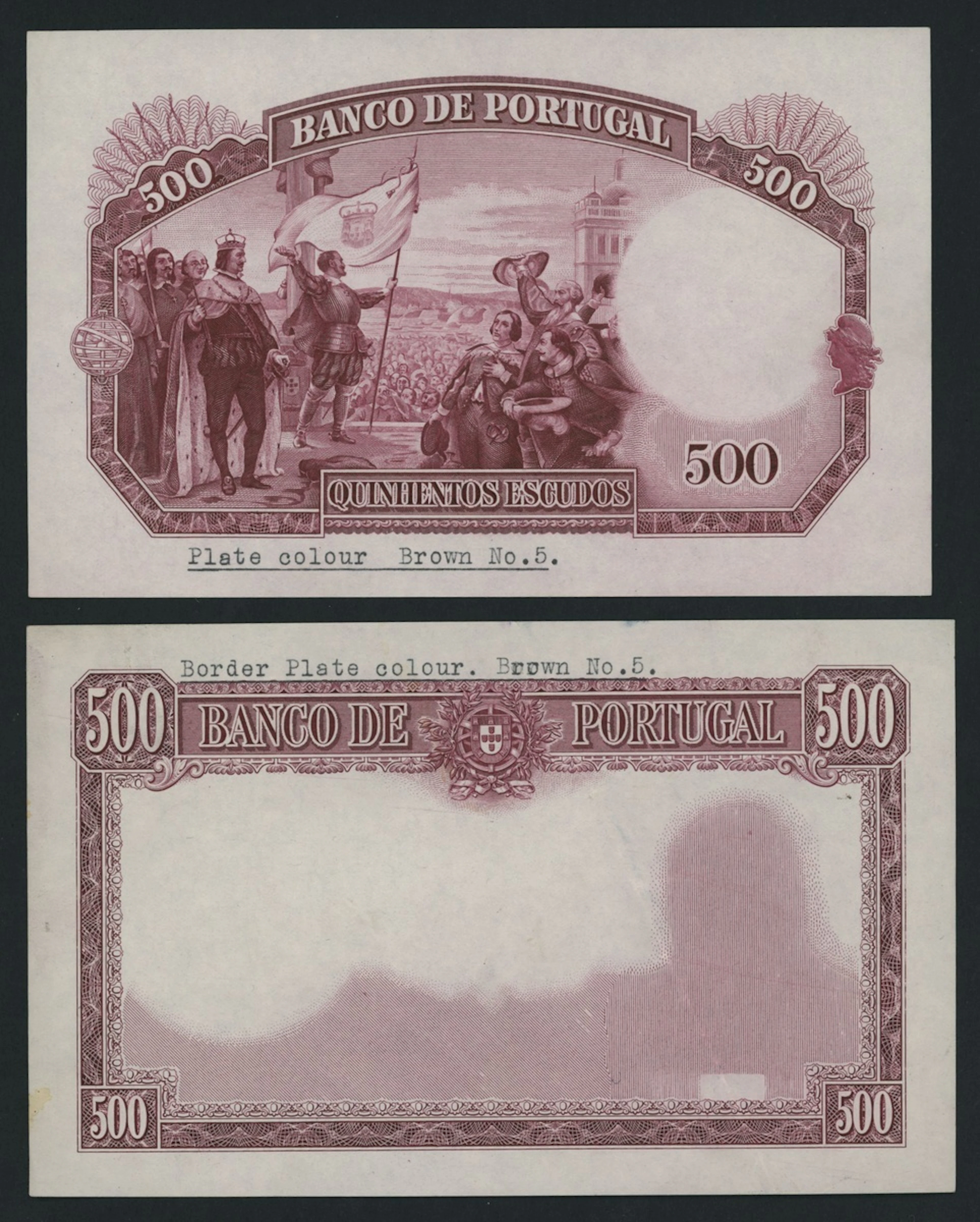 Banco de Portugal, [2 notes] front and back proofs for 500 Escudos