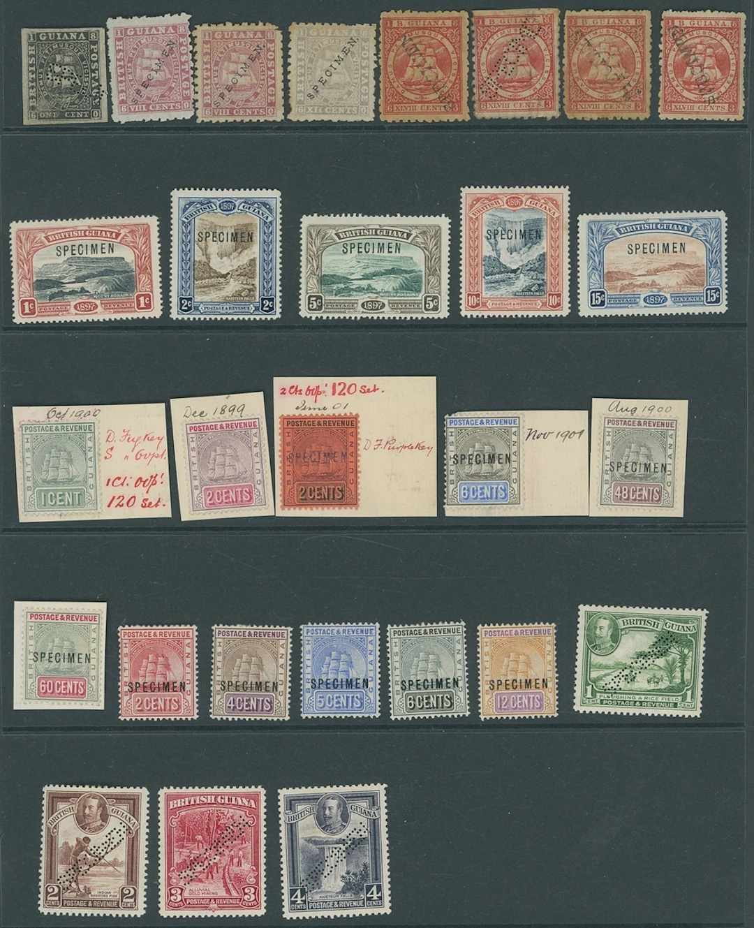 British Guiana 1863-1934 a selection (28) of "specimen" stamps arranged