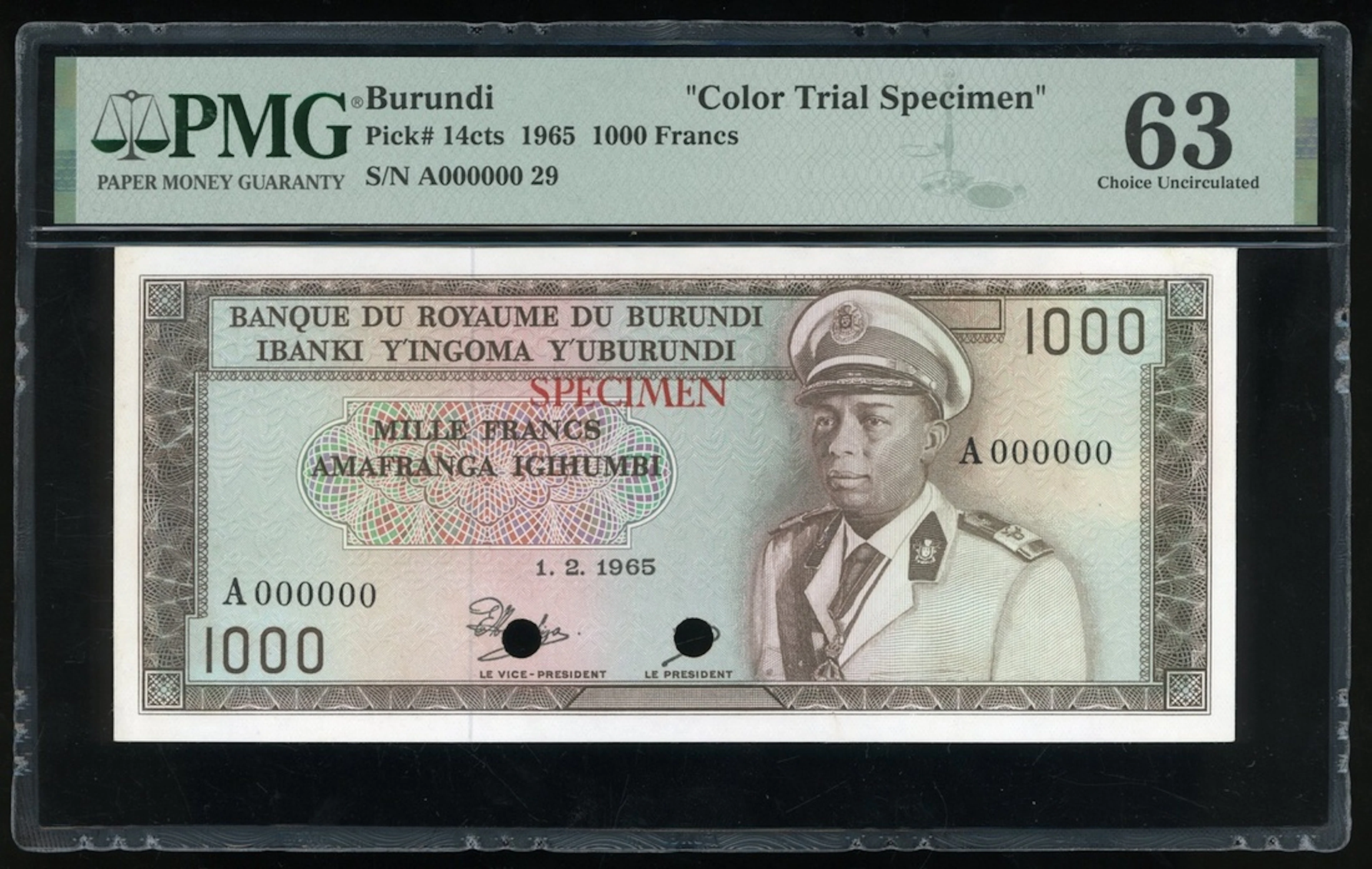 Banque du Royaume du Burundi, colour trial SPECIMEN 1000 francs, 1965