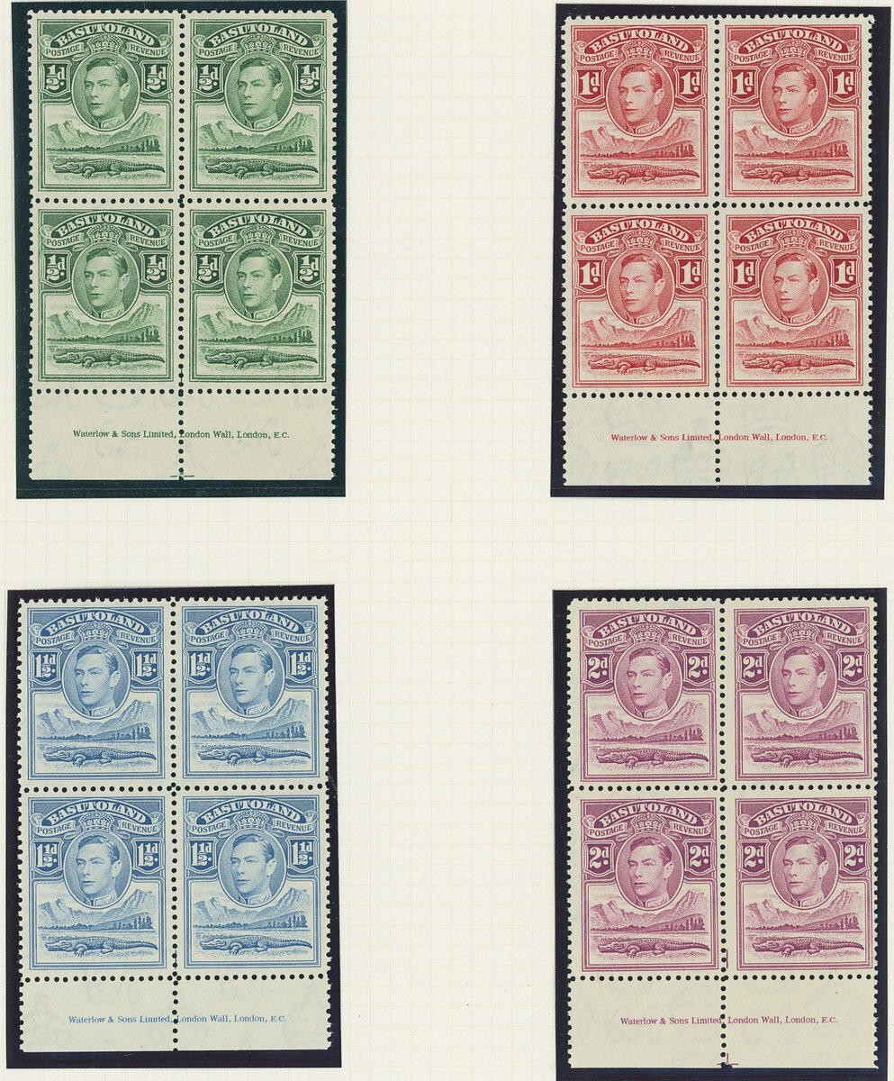 Basutoland 1938 ½d. to 10/- set of eleven in imprint blocks of four