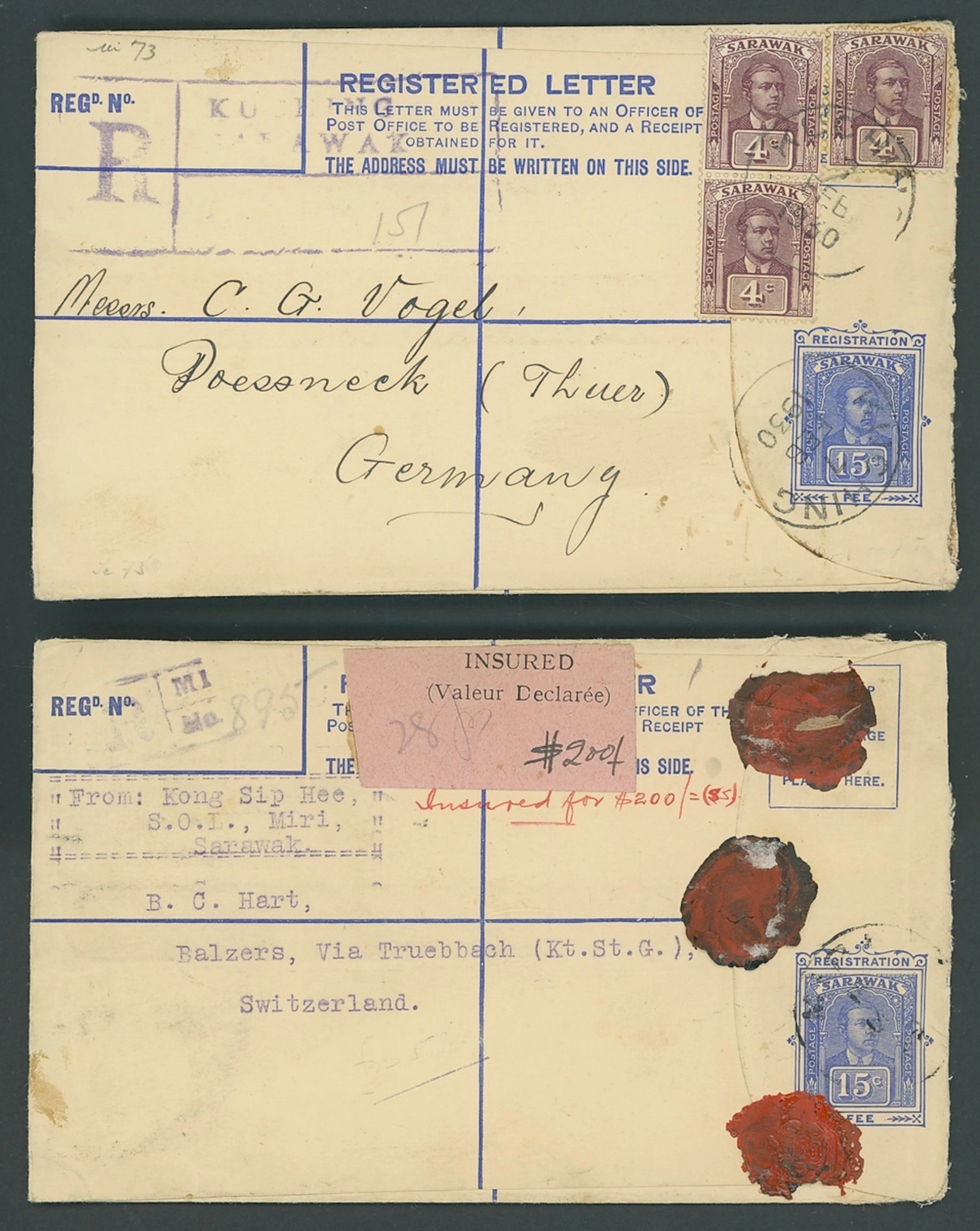Sarawak Postal Stationery Registered Envelopes 1928 15c. 1929 (Oct.)