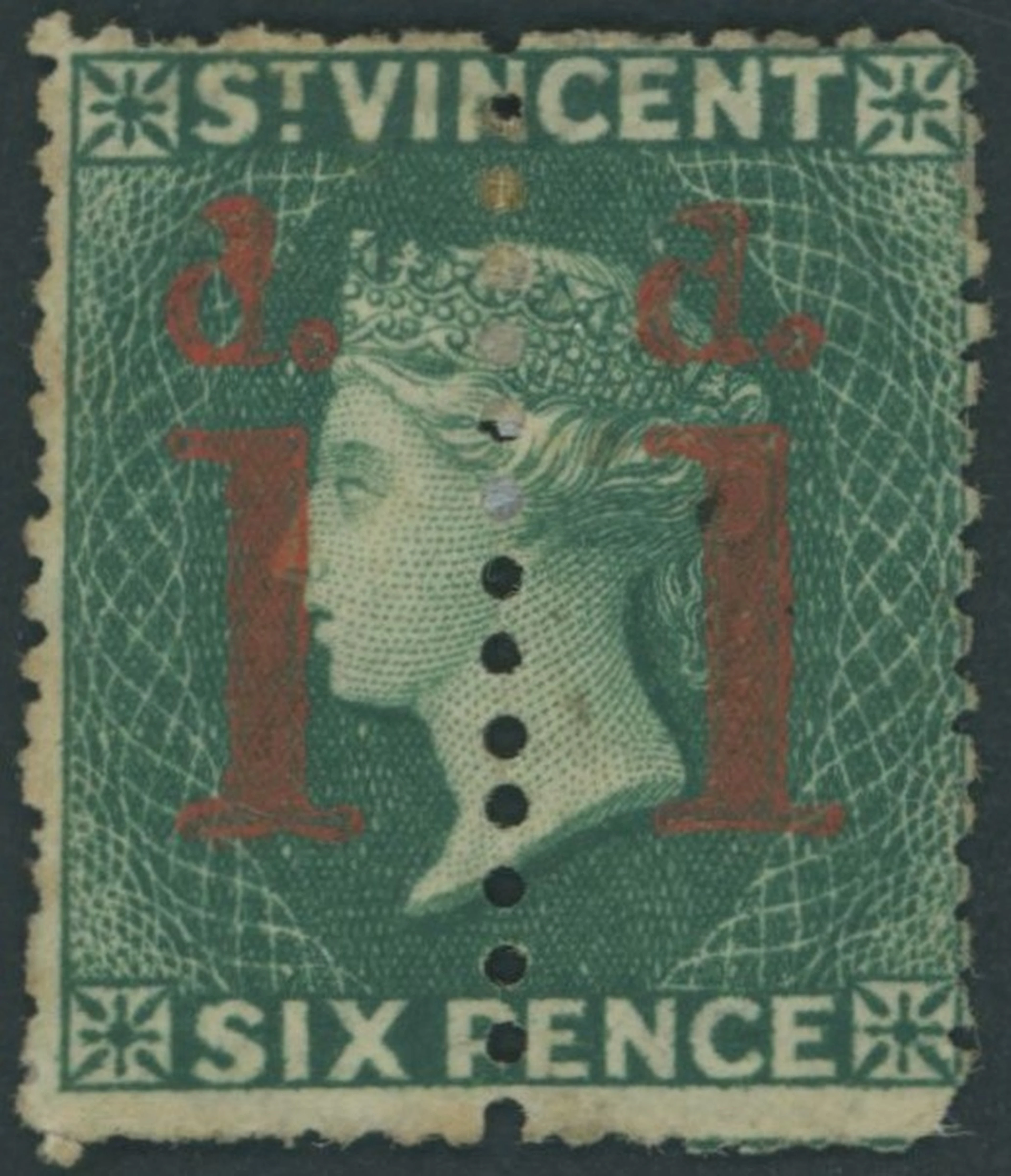 St. Vincent 1880 (May) 1d. on half 6d. deep blue-green, an unsevered