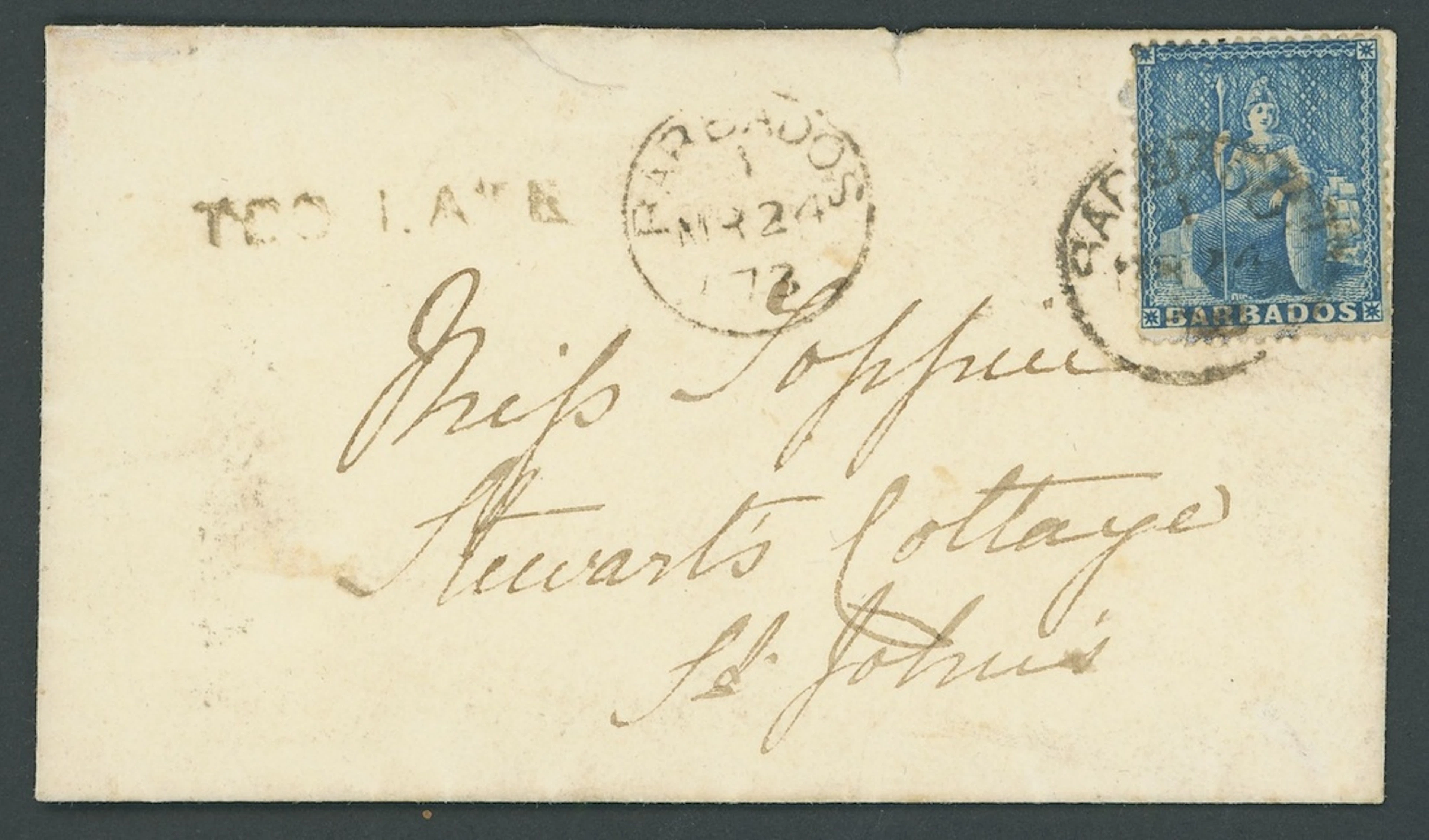 Barbados Britannia Issues Covers 1873 (24 Mar.) envelope from Bridgetown