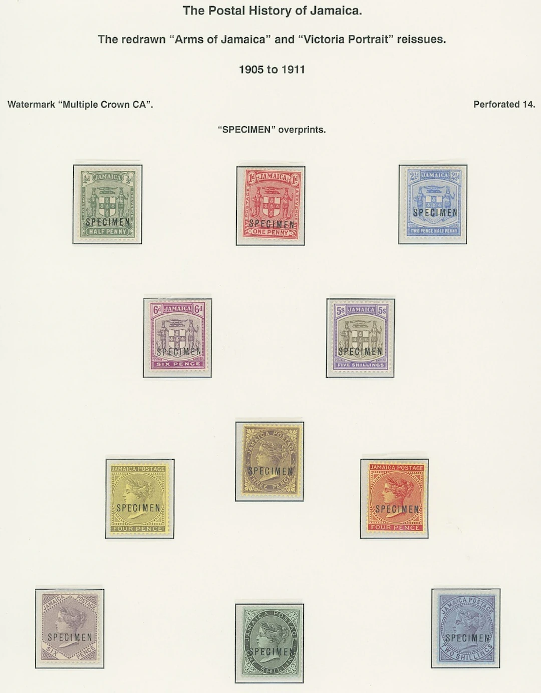 Jamaica 1905-11 Arms set of five and Queen Victoria set of six, each