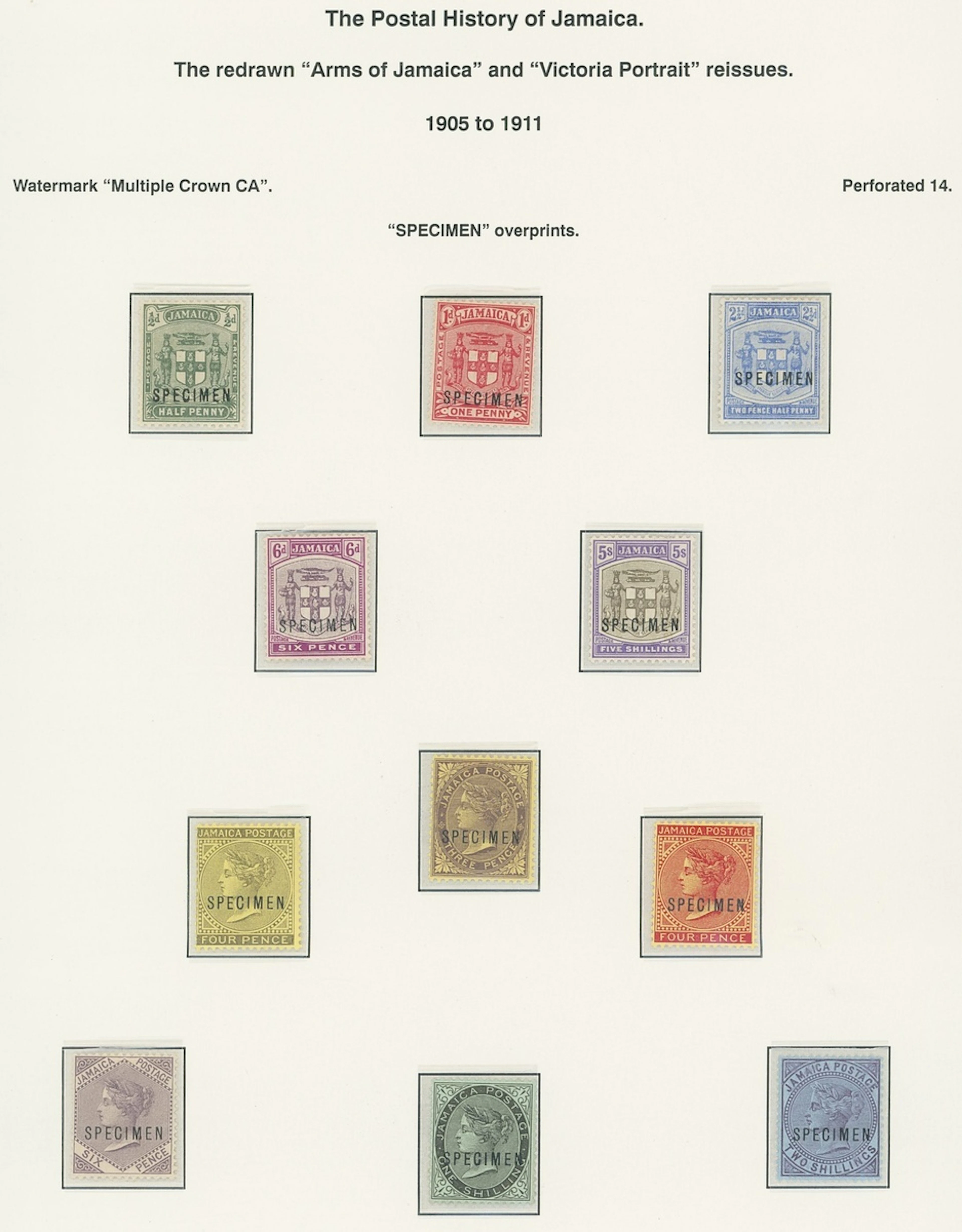 Jamaica 1905-11 Arms set of five and Queen Victoria set of six, each