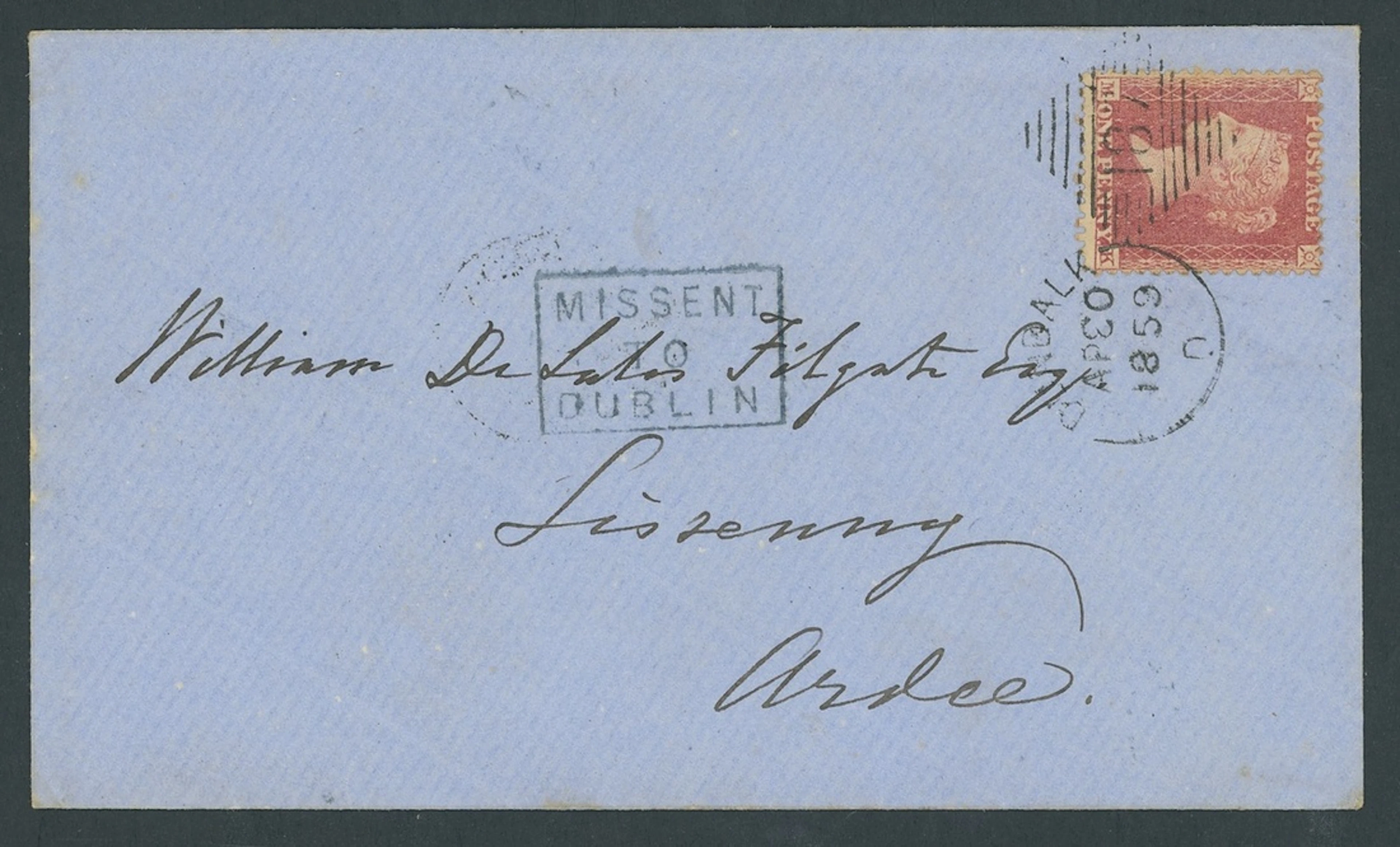 Great Britain Postal History 1859 (1 May), blue envelope to Ardee