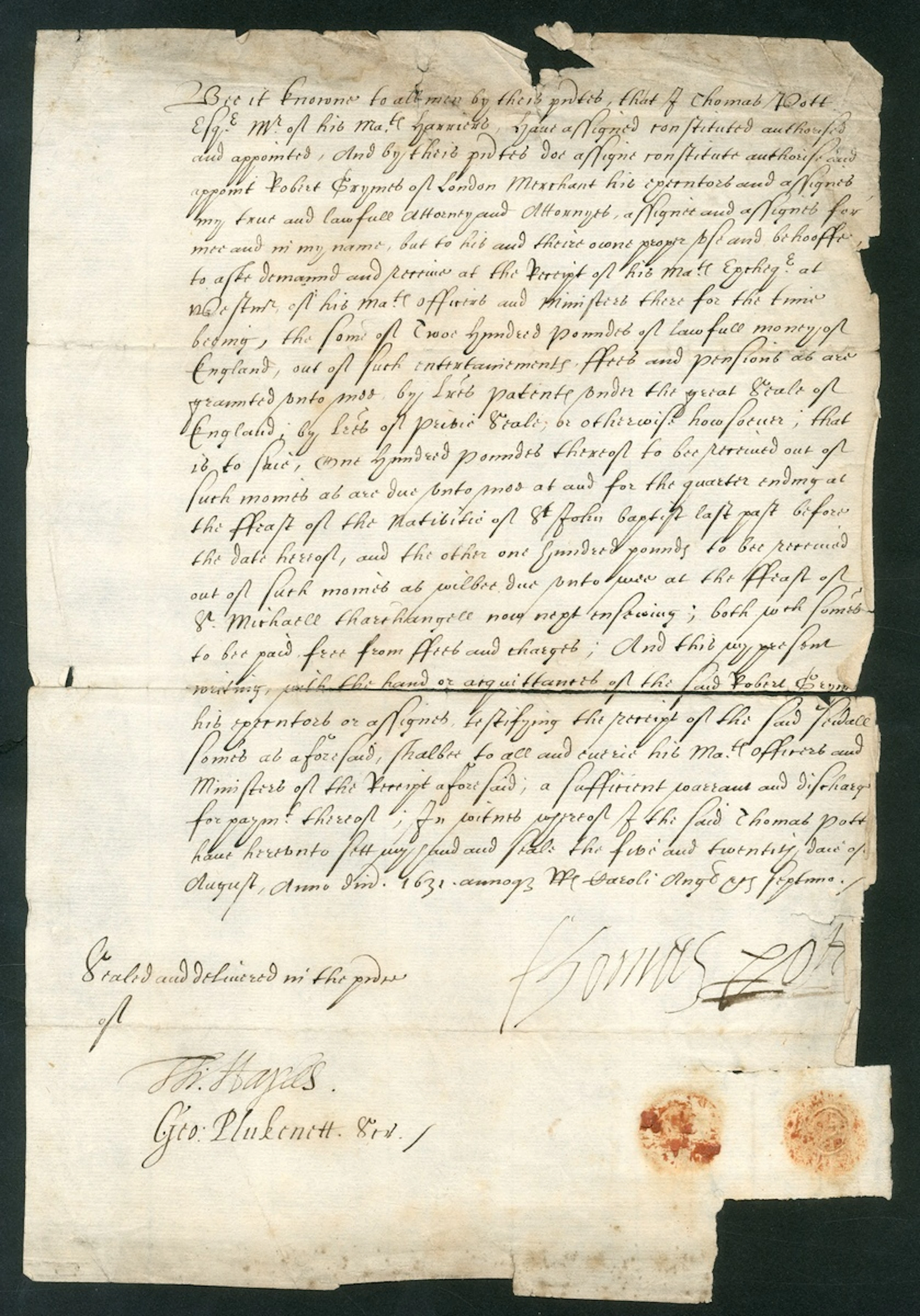 Thomas Pott, Charles I's Hunt Master 1631 (25 Aug.) receipt signed