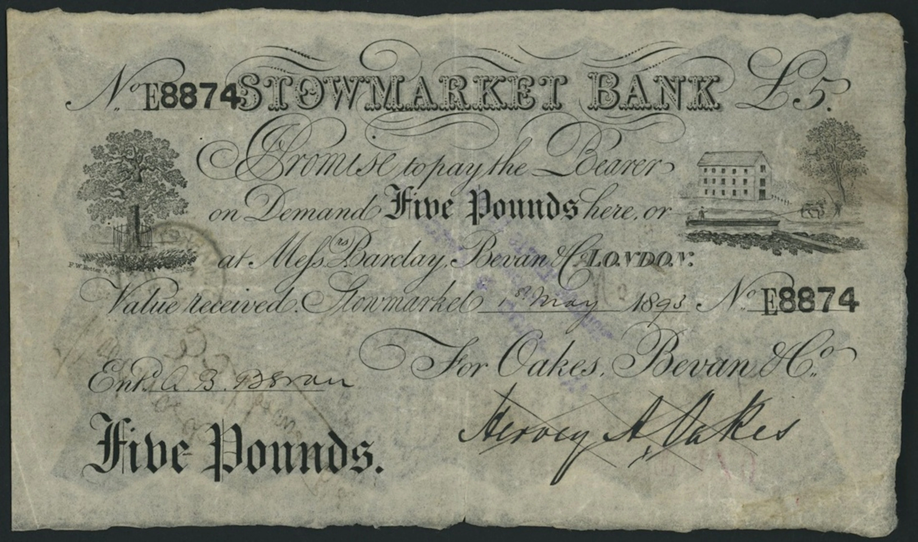 Stowmarket Bank, for Oakes, Bevan & Co., £5, 1st May 1893, serial