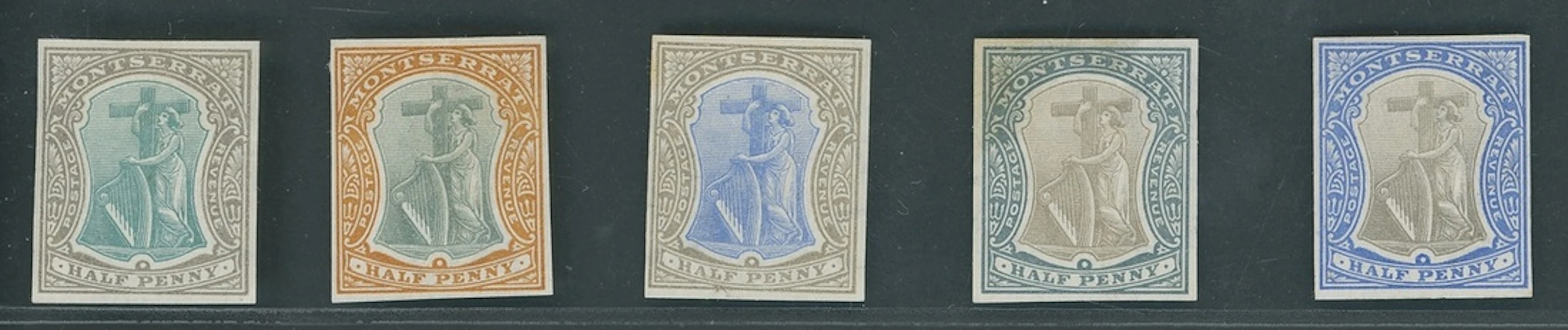Montserrat 1903 (Aug.) CA imperforate colour trials (5) in green and