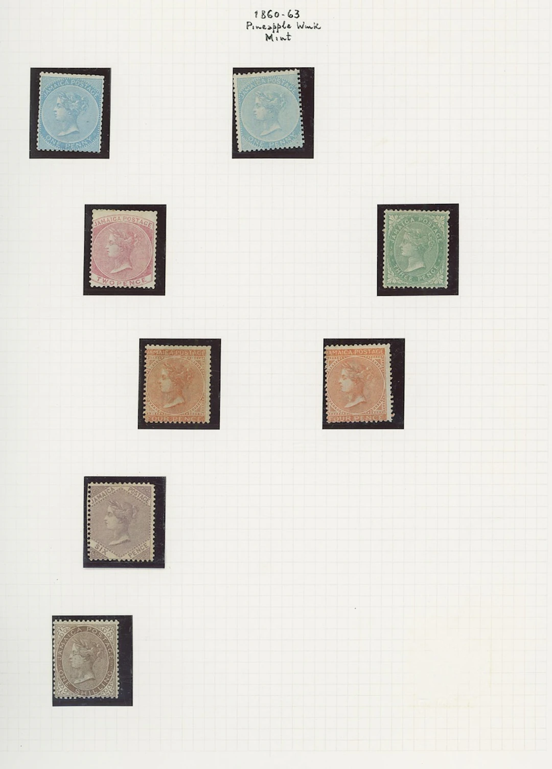 Jamaica 1860-70 watermark Pineapple, 1d. (2, shades), 2d., 3d. (pulled