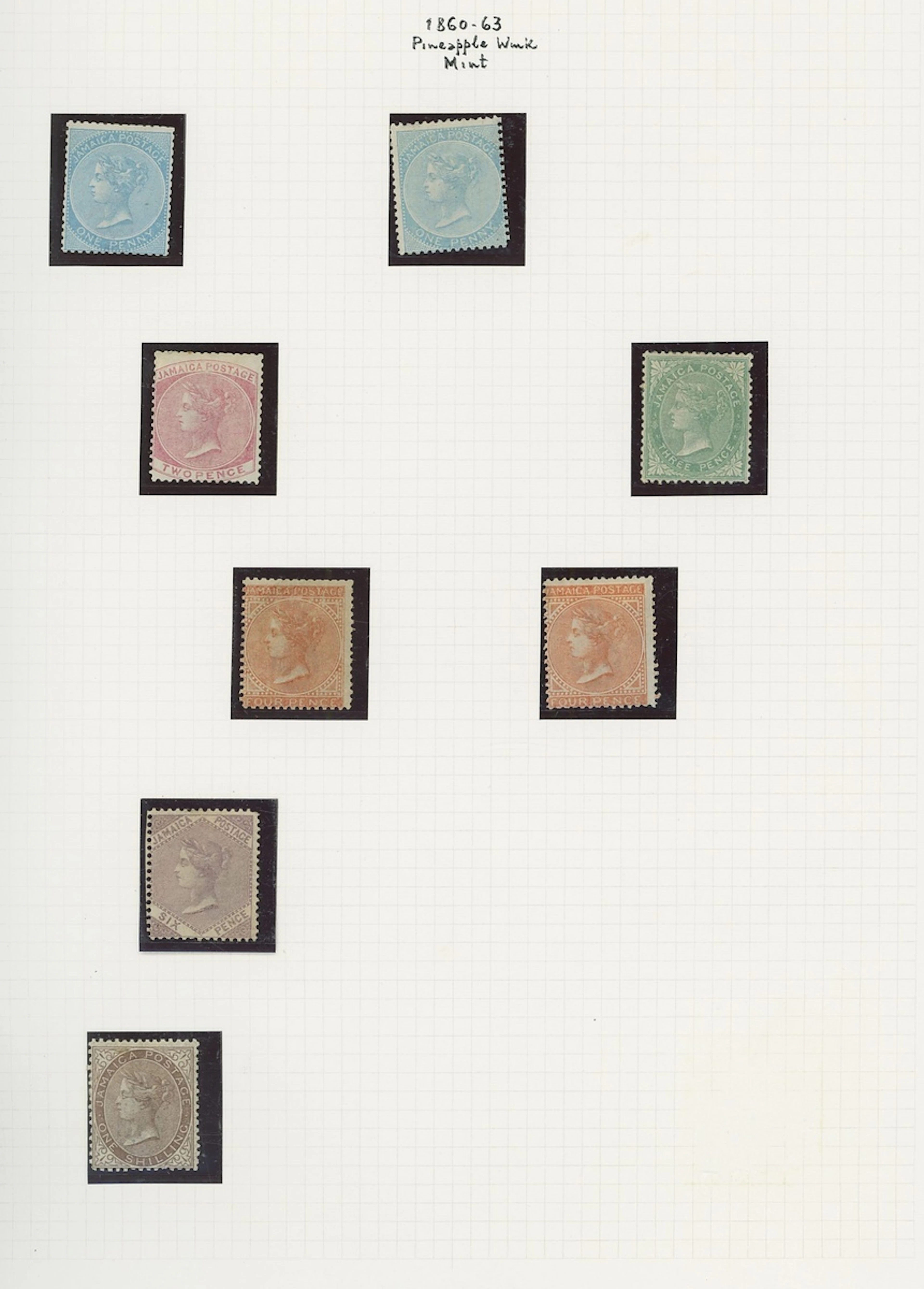 Jamaica 1860-70 watermark Pineapple, 1d. (2, shades), 2d., 3d. (pulled
