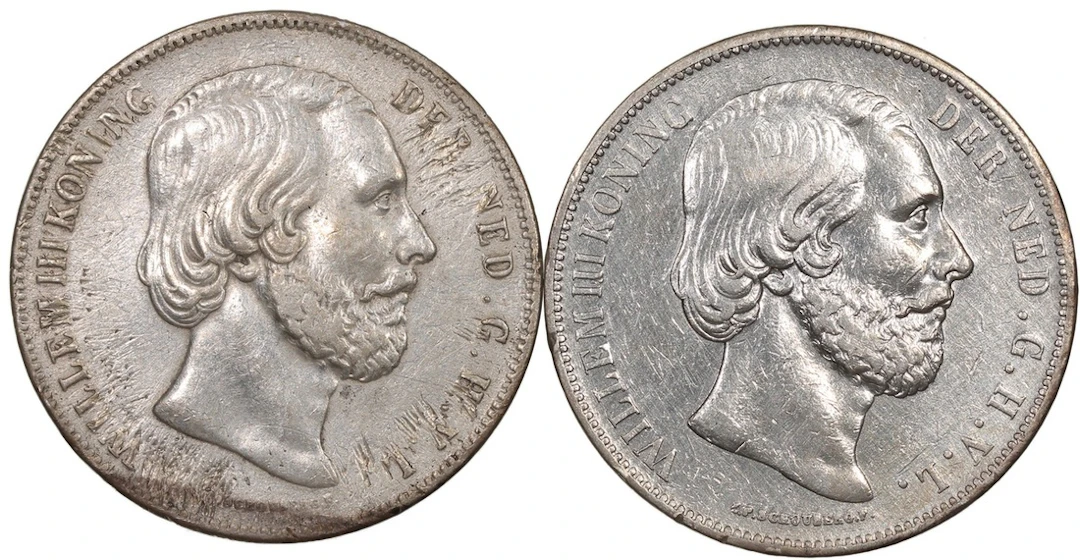 Netherlands, Willem III silver 2 1/2 gulden (2), 1860, 1874, (KM-165)
