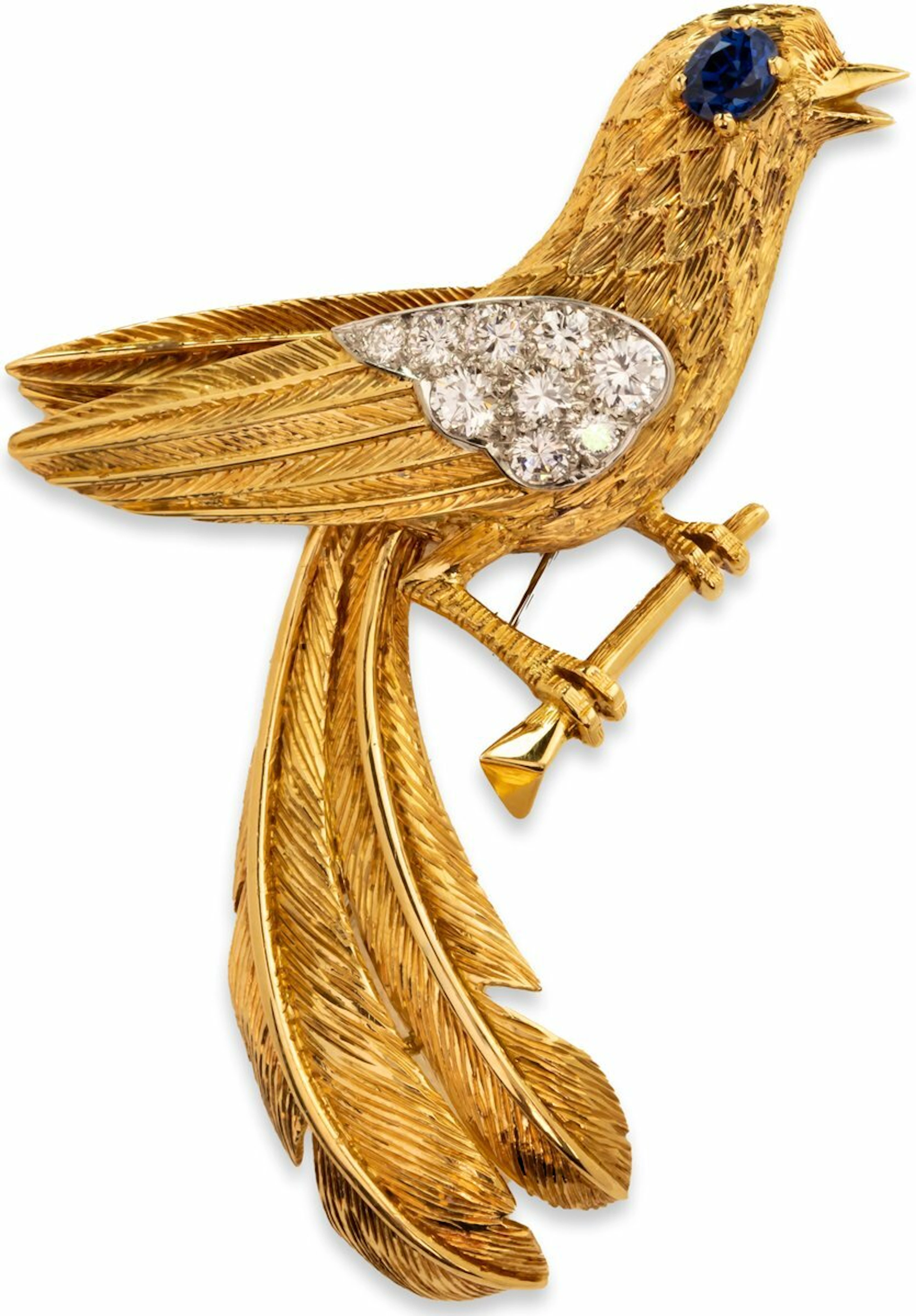 CARTIER, A SAPPHIRE AND DIAMOND BIRD BROOCH