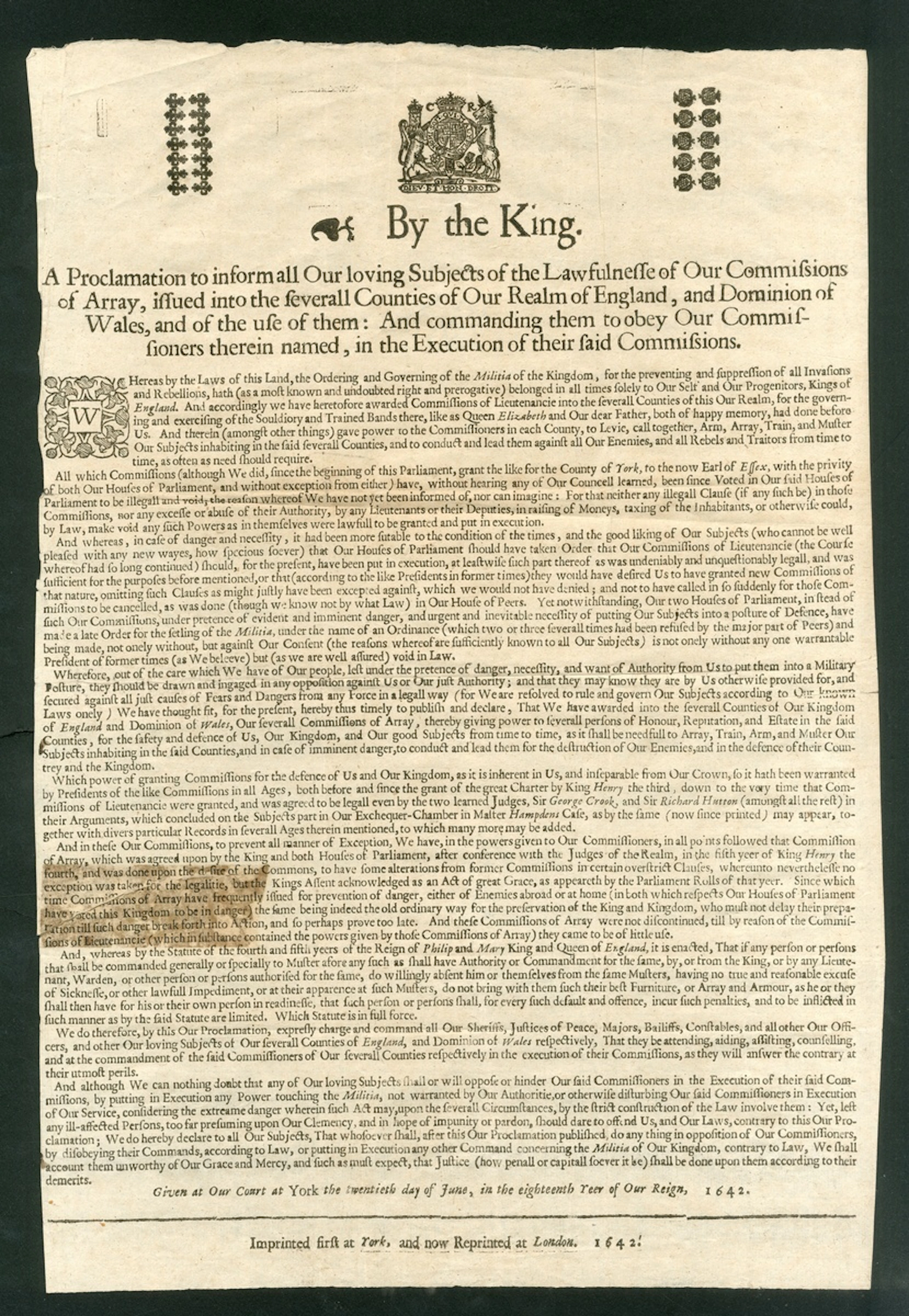 England Royalty Proclamation King Charles I 1642 Printed broadsheet