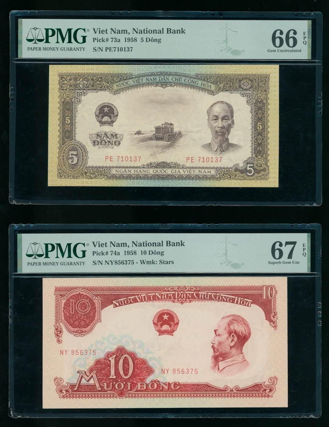 National Bank of Vietnam, a pair, 1958, including 5 and 10 dong, (Pick
