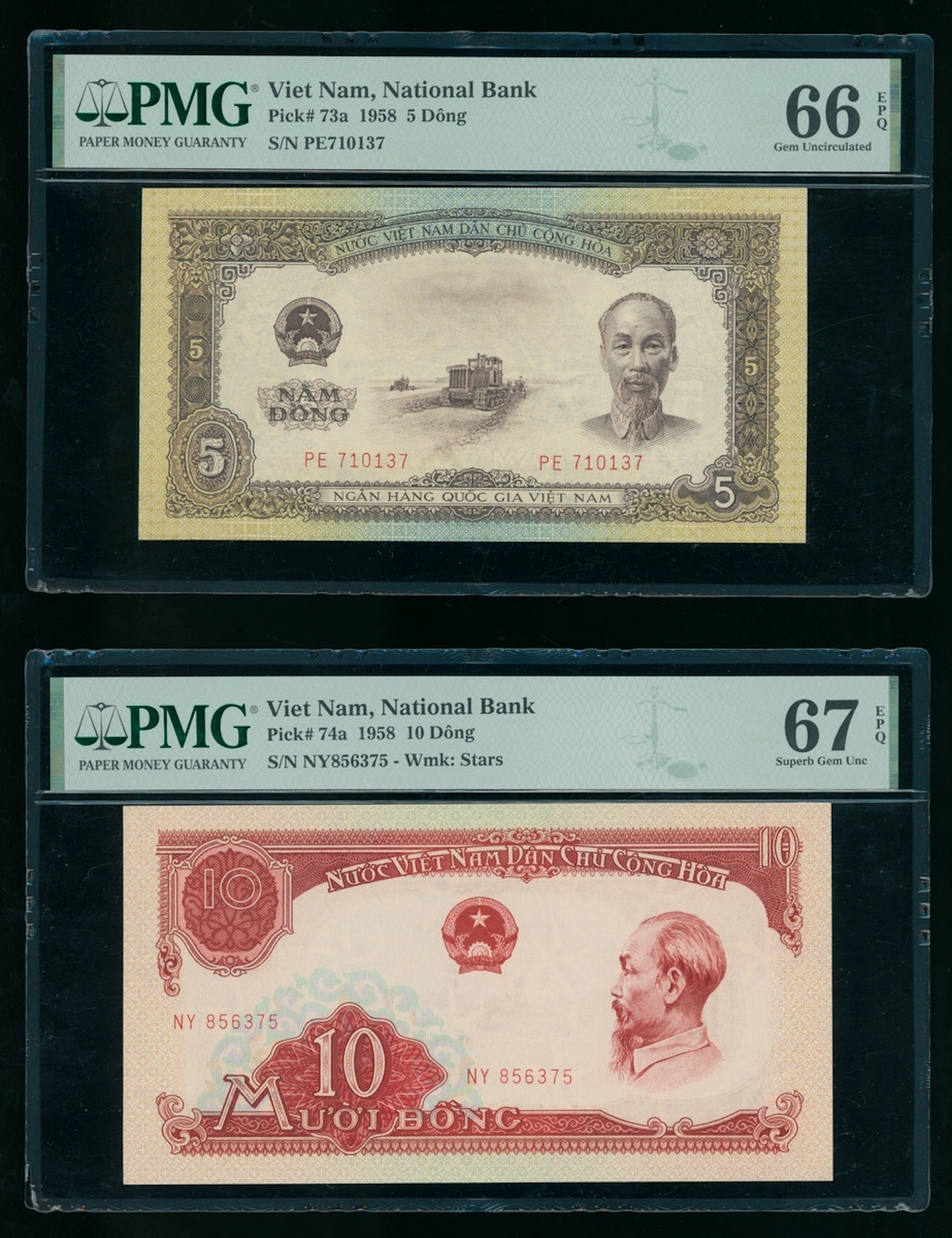 National Bank of Vietnam, a pair, 1958, including 5 and 10 dong, (Pick