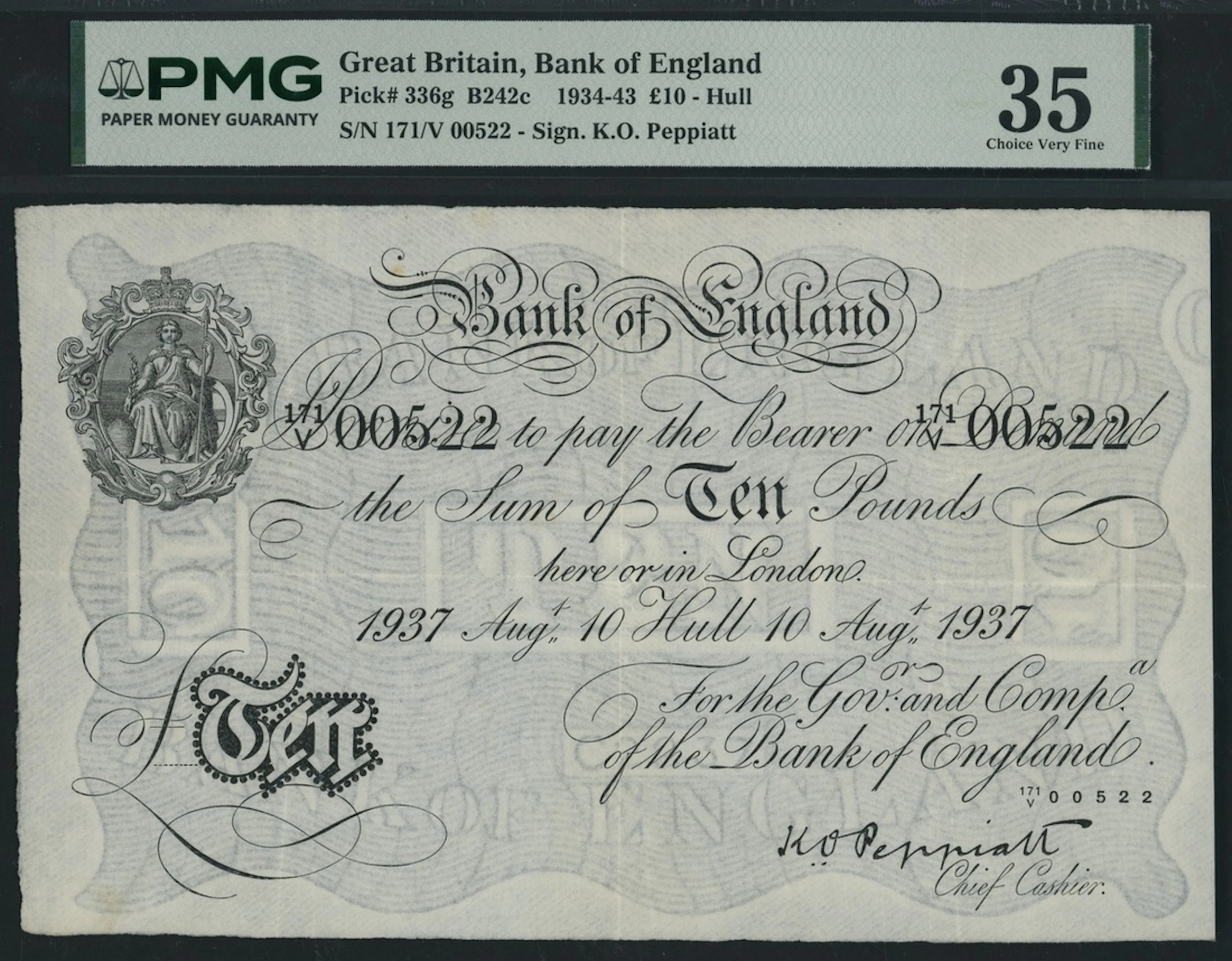 Bank of England, K. O. Peppiatt, £10, Hull, 10th August 1937, serial