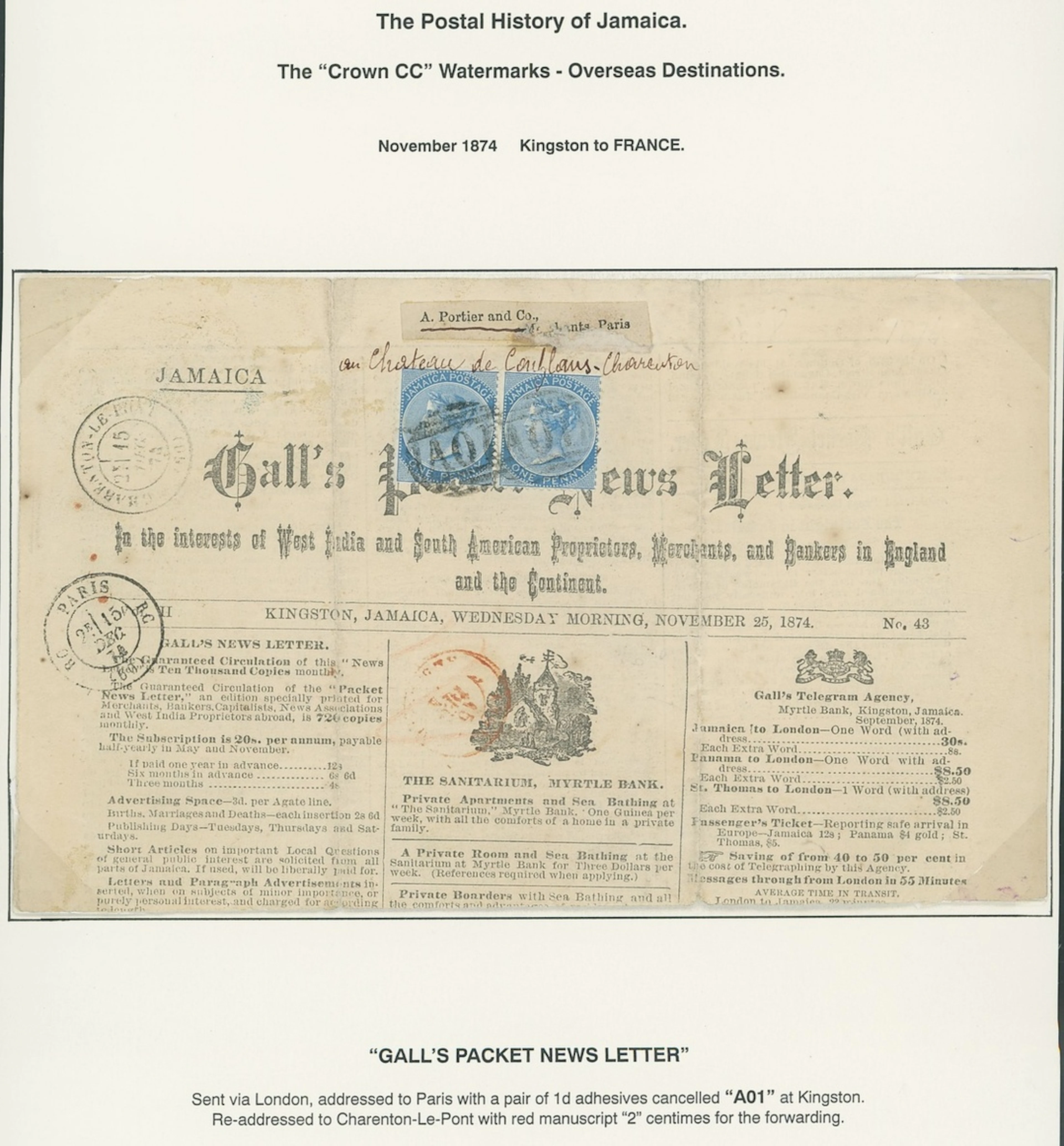 Jamaica Covers and Cancellations "A01" 1874 (24 Nov.) top half of