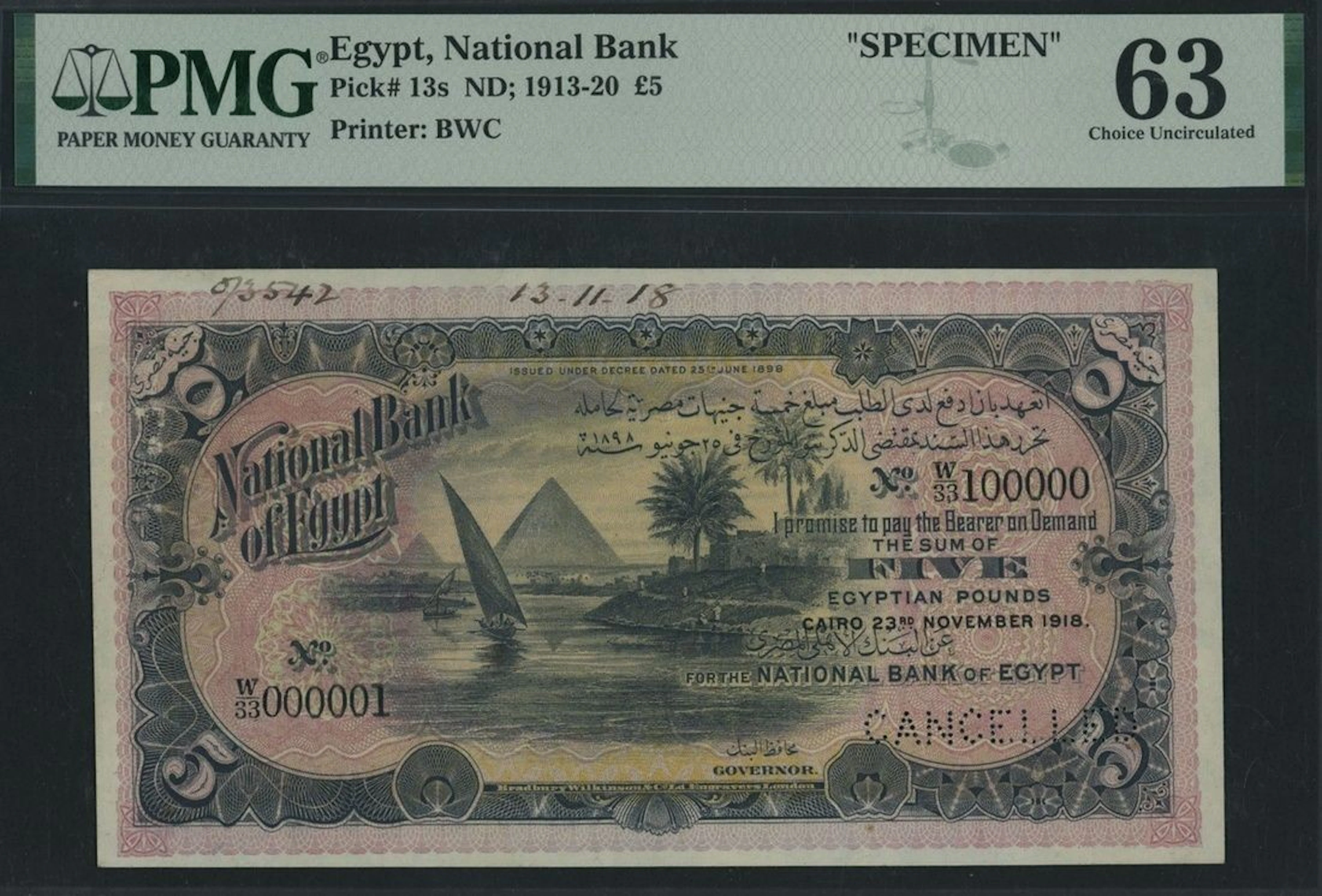 National Bank of Egypt, specimen 5 Pounds, 23rd November 1918, serial