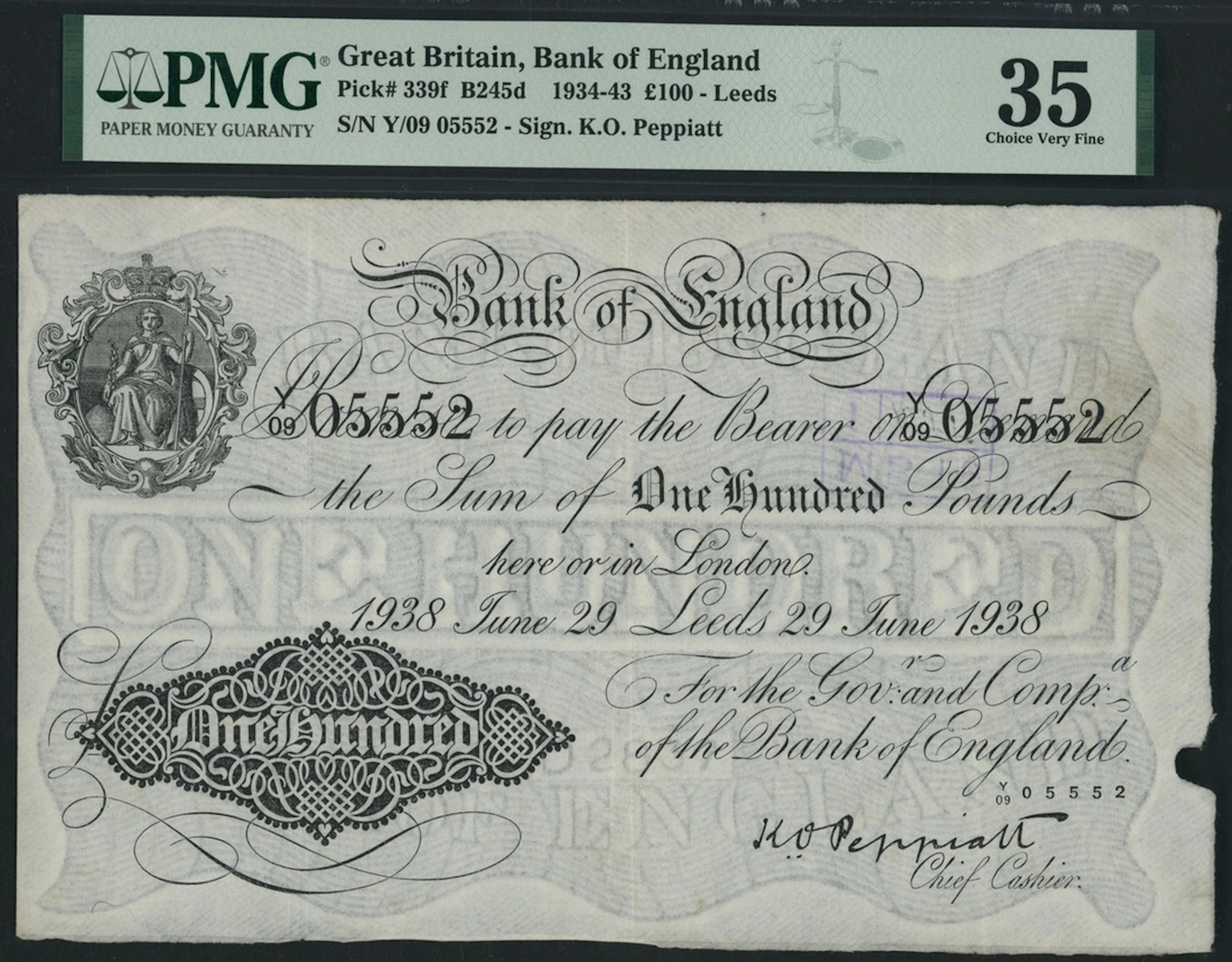 Bank of England, K. O. Peppiatt, £100, Leeds, 29th June 1938, serial