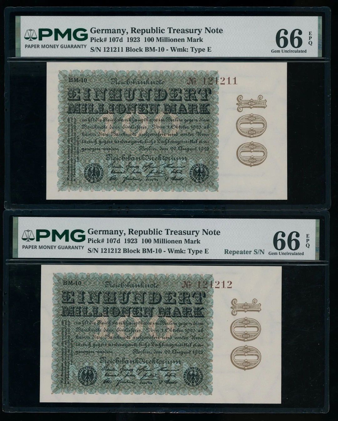 Germany, Reichsbanknote, Republic Treasury Note, consecutive 100 Millionen