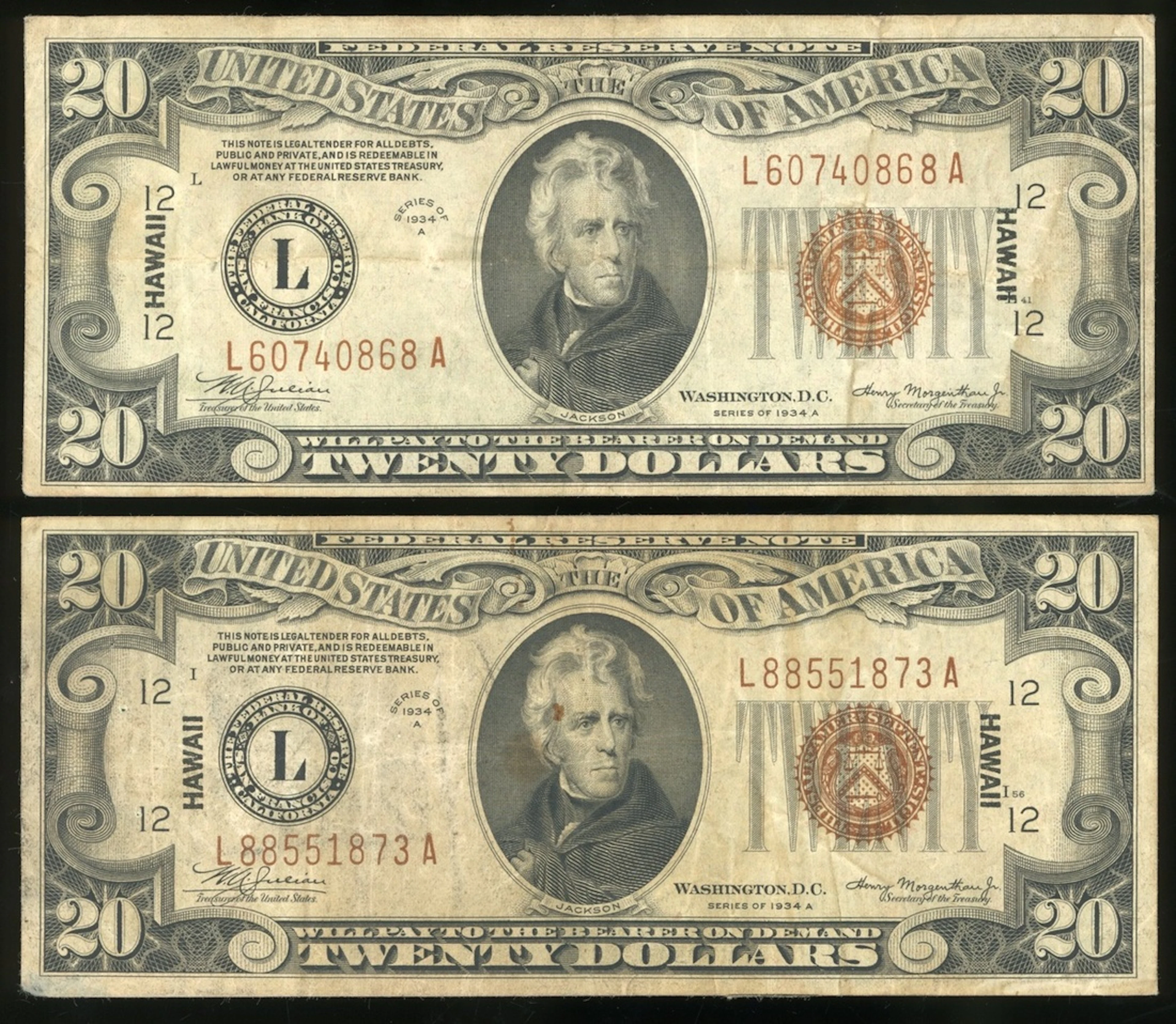 United States, Hawaii Overprint, $20 (2), 1934A, serial number L60740868A