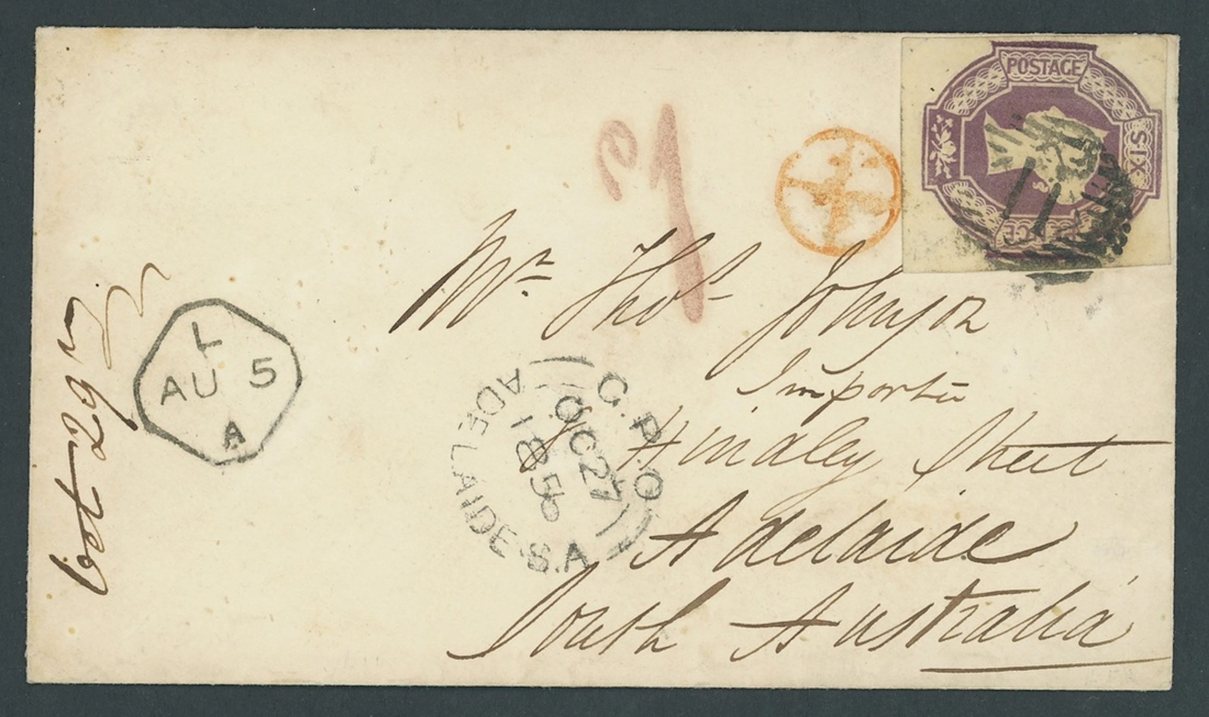 Great Britain 1847-54 Embossed 1856 (4 Aug.) envelope to Adelaide