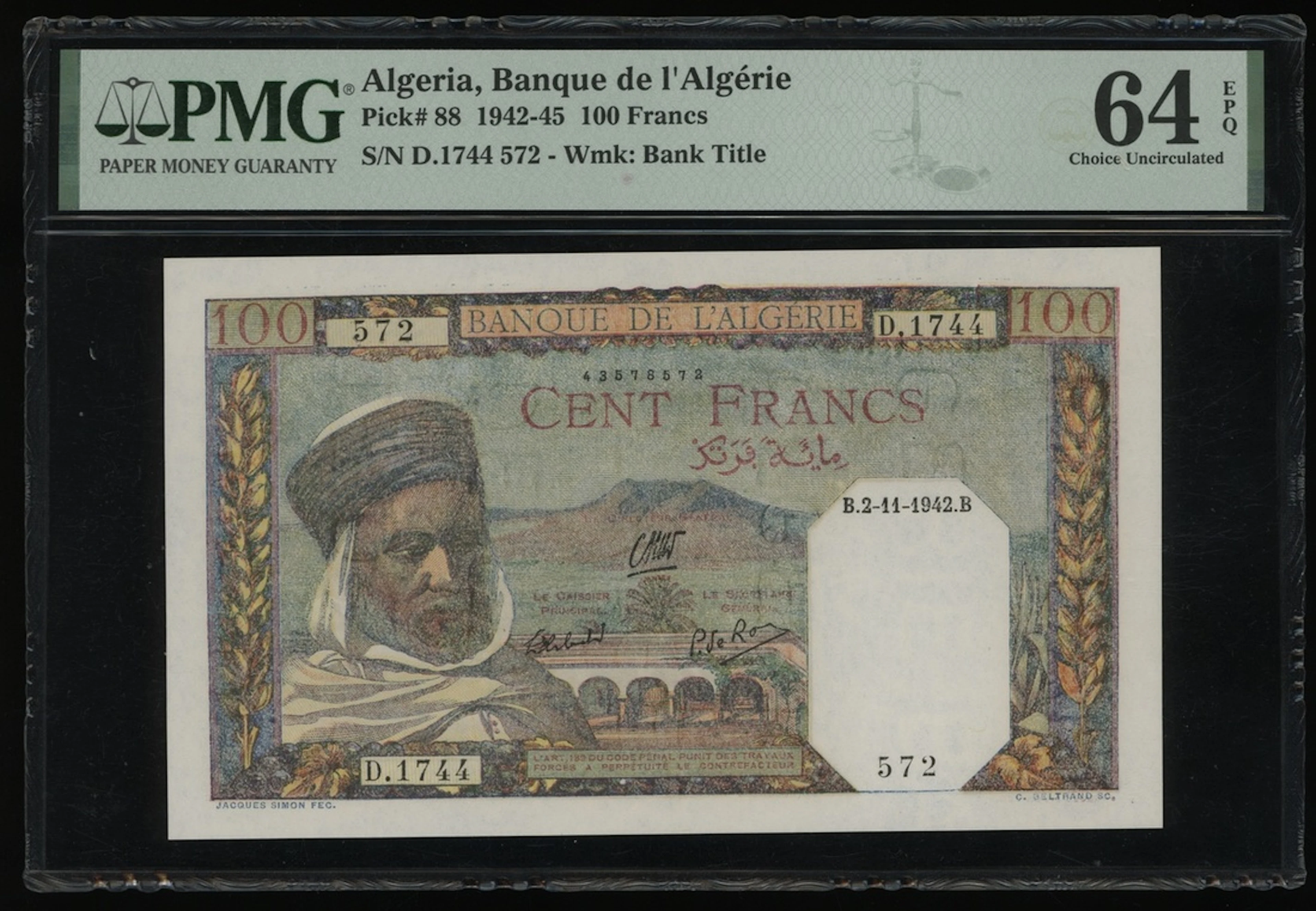 Banque de l'Algerie, Algeria, 100 francs, 1942, serial number D.1744