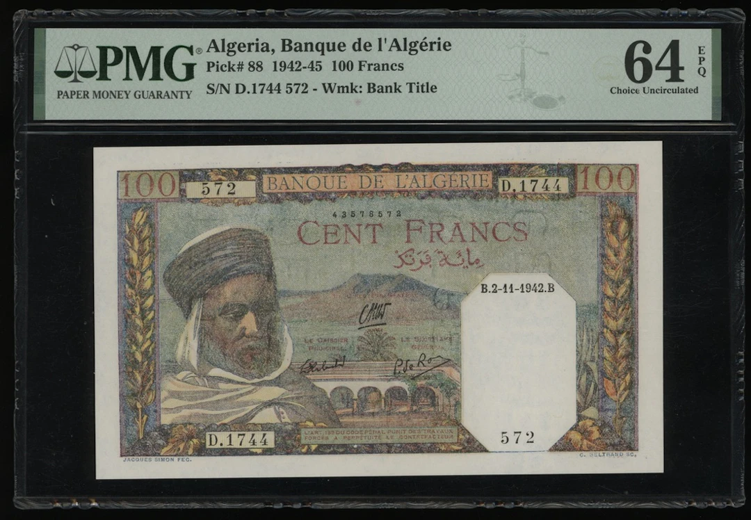 Banque de l'Algerie, Algeria, 100 francs, 1942, serial number D.1744