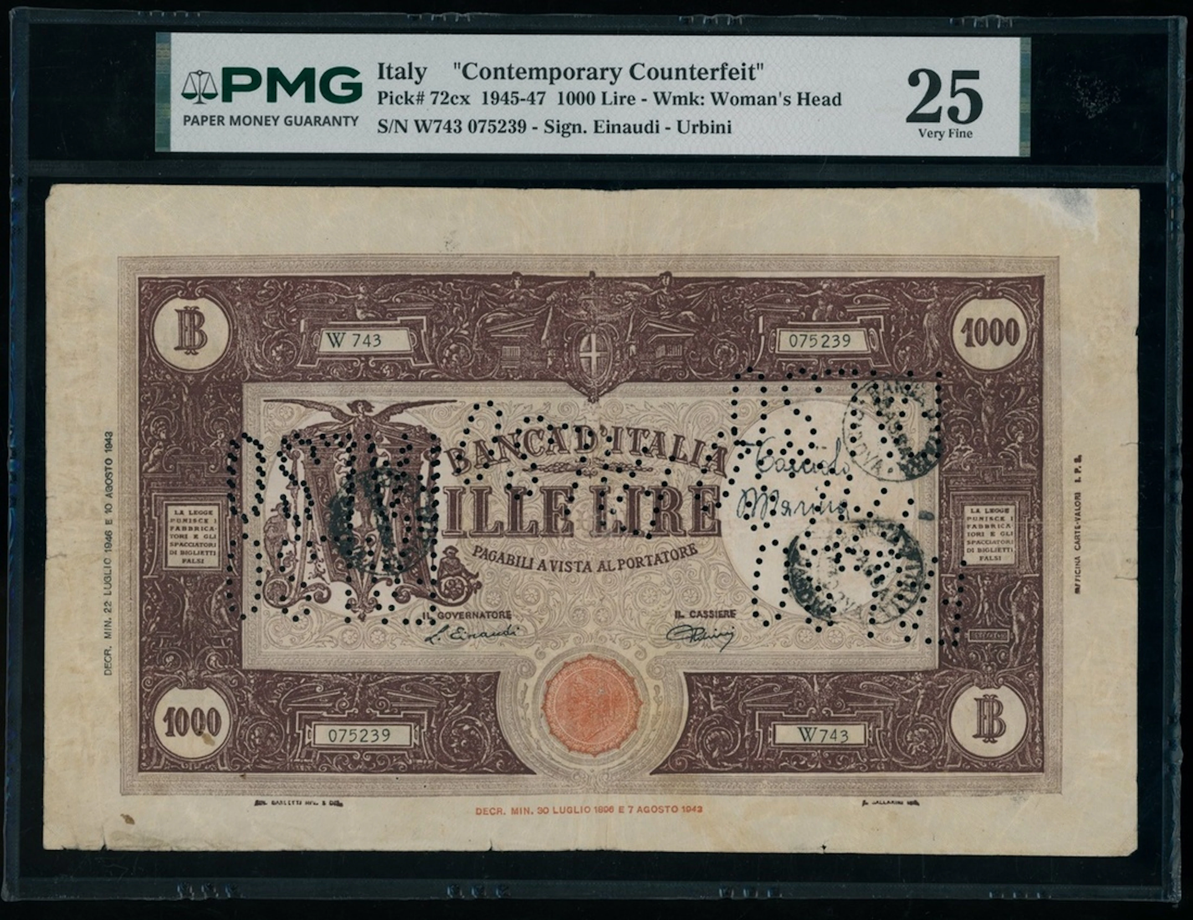 Banca d'Italia, Italy, 1000 lire, 1945-47, serial number W743 075239