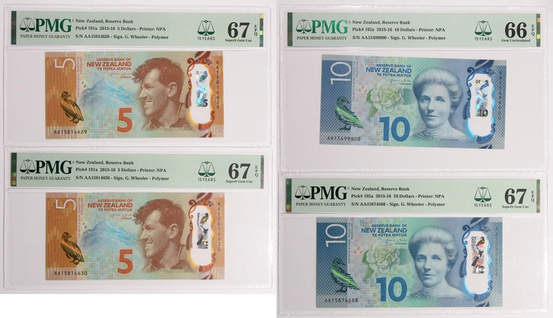Reserve Bank of New Zealand, a group of 4x AA prefix, 2015, including