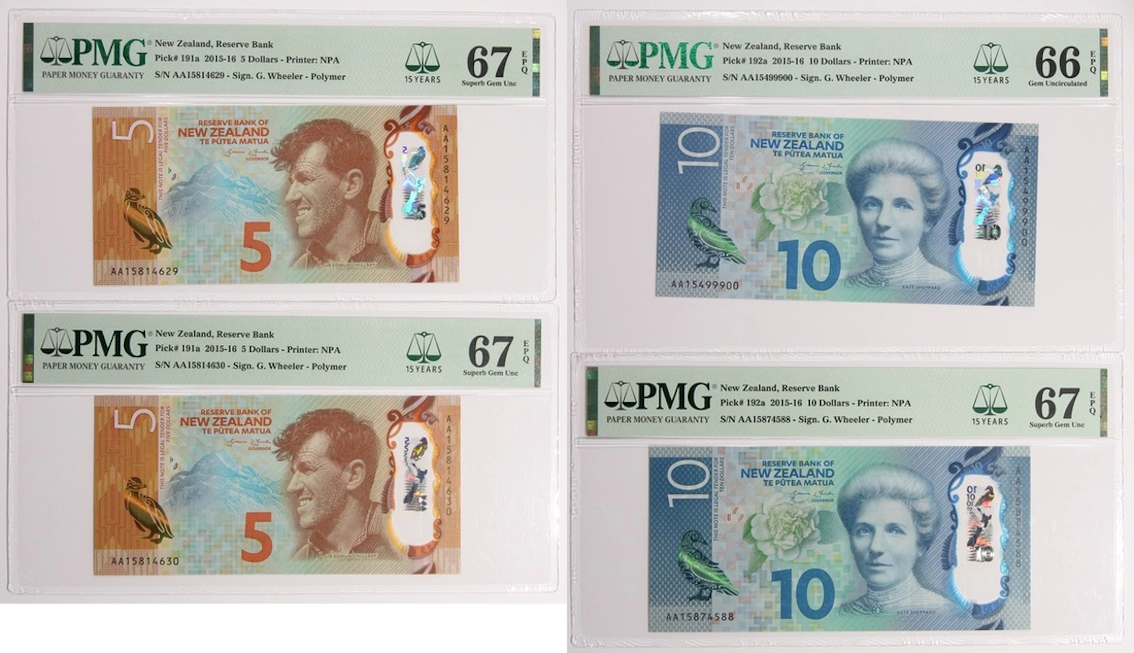 Reserve Bank of New Zealand, a group of 4x AA prefix, 2015, including