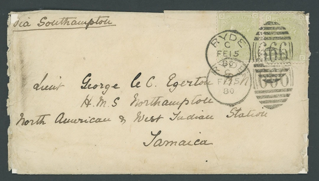 Jamaica Covers and Cancellations Incoming Mail 1880 (15 Feb.) envelope