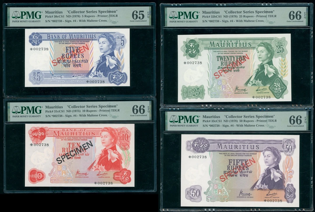 Bank of Mauritius, a matching serial number *002738 collectors specimen