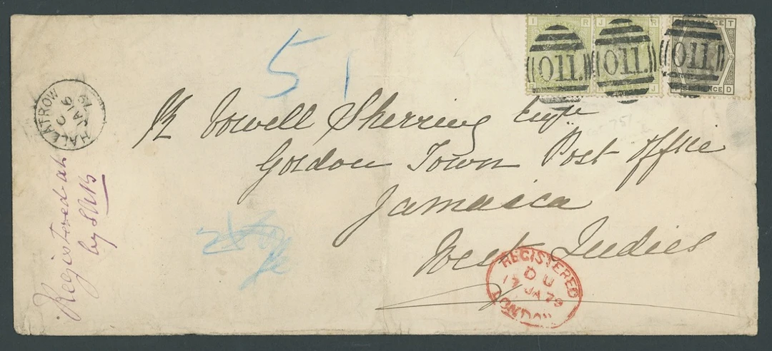 Jamaica Covers and Cancellations Incoming Mail 1879 (16 Jan.) envelope