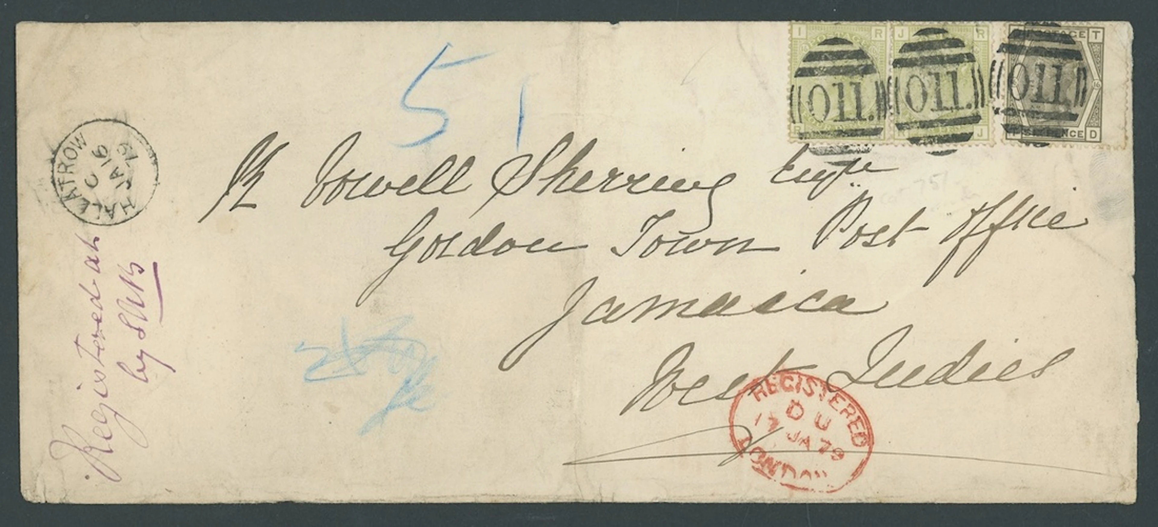 Jamaica Covers and Cancellations Incoming Mail 1879 (16 Jan.) envelope