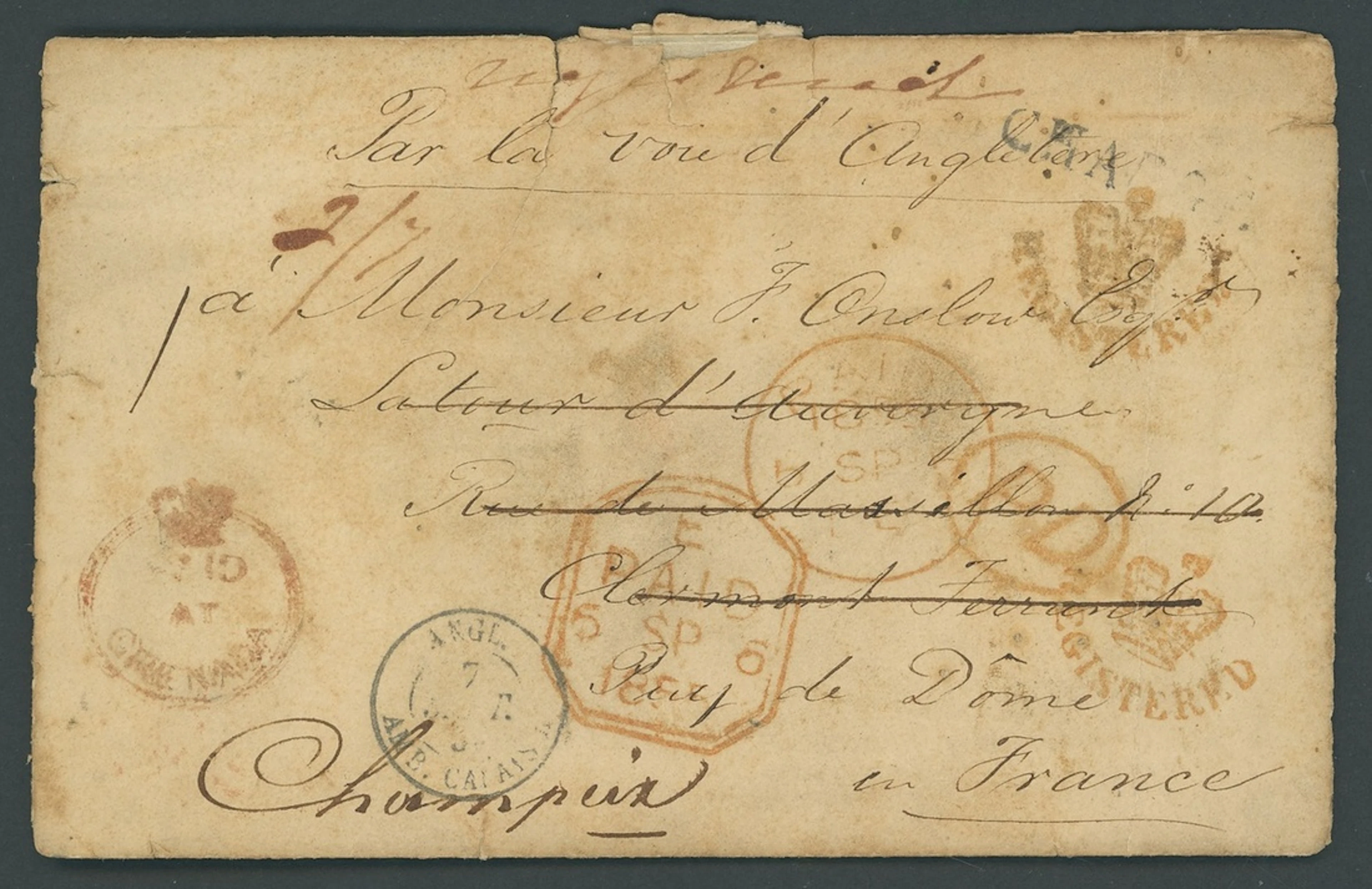 Grenada Early Letters and Handstamps 1855 envelope registered to France