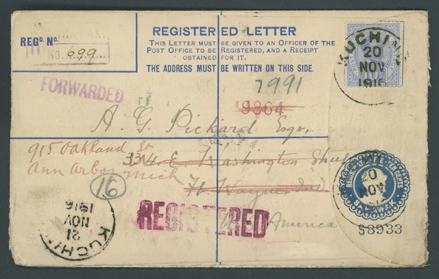 Sarawak Postal Stationery Registered Envelopes 1913 10c. 1916 (20
