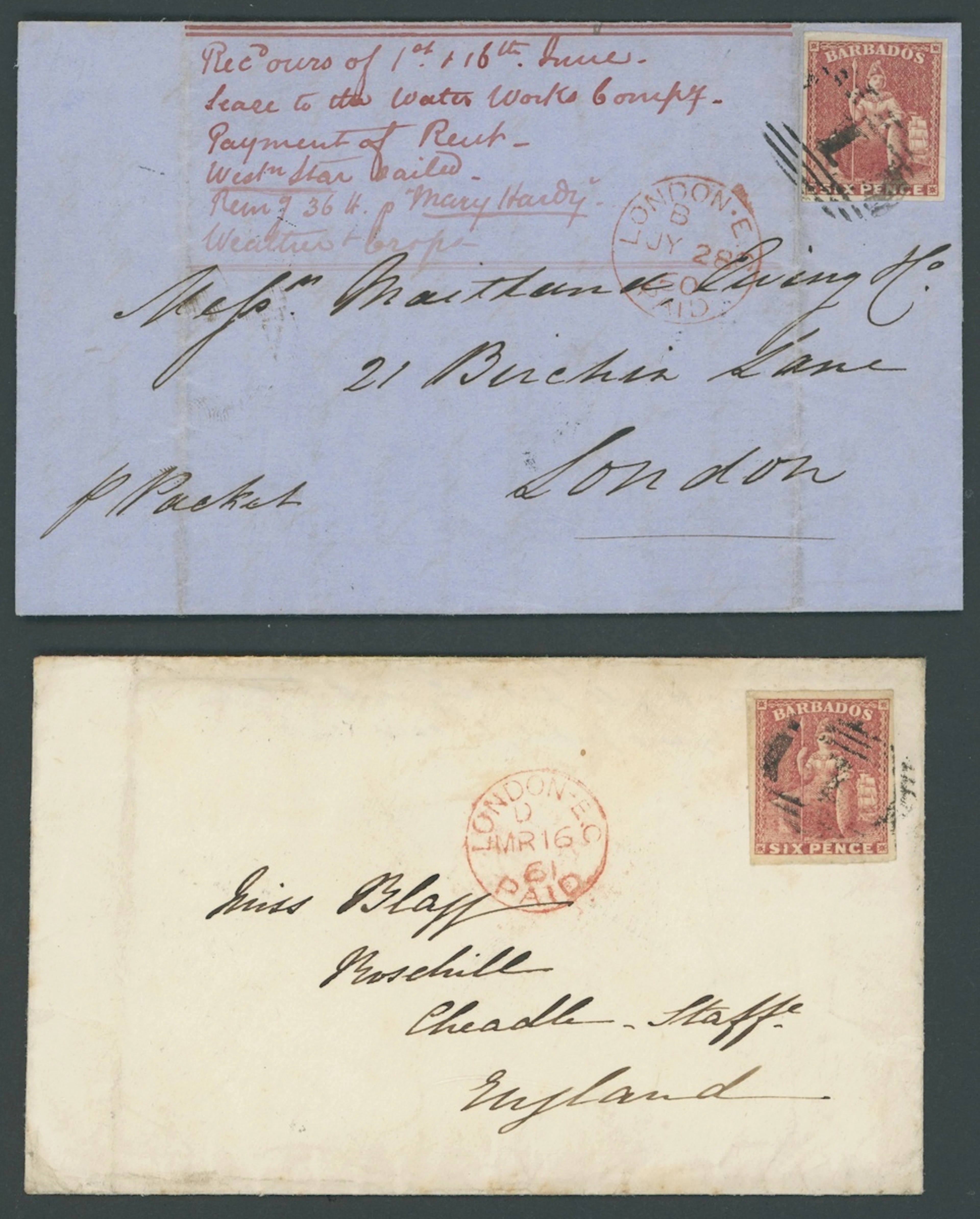 Barbados Britannia Issues Covers 1860 (11 July) entire and 1861 (26