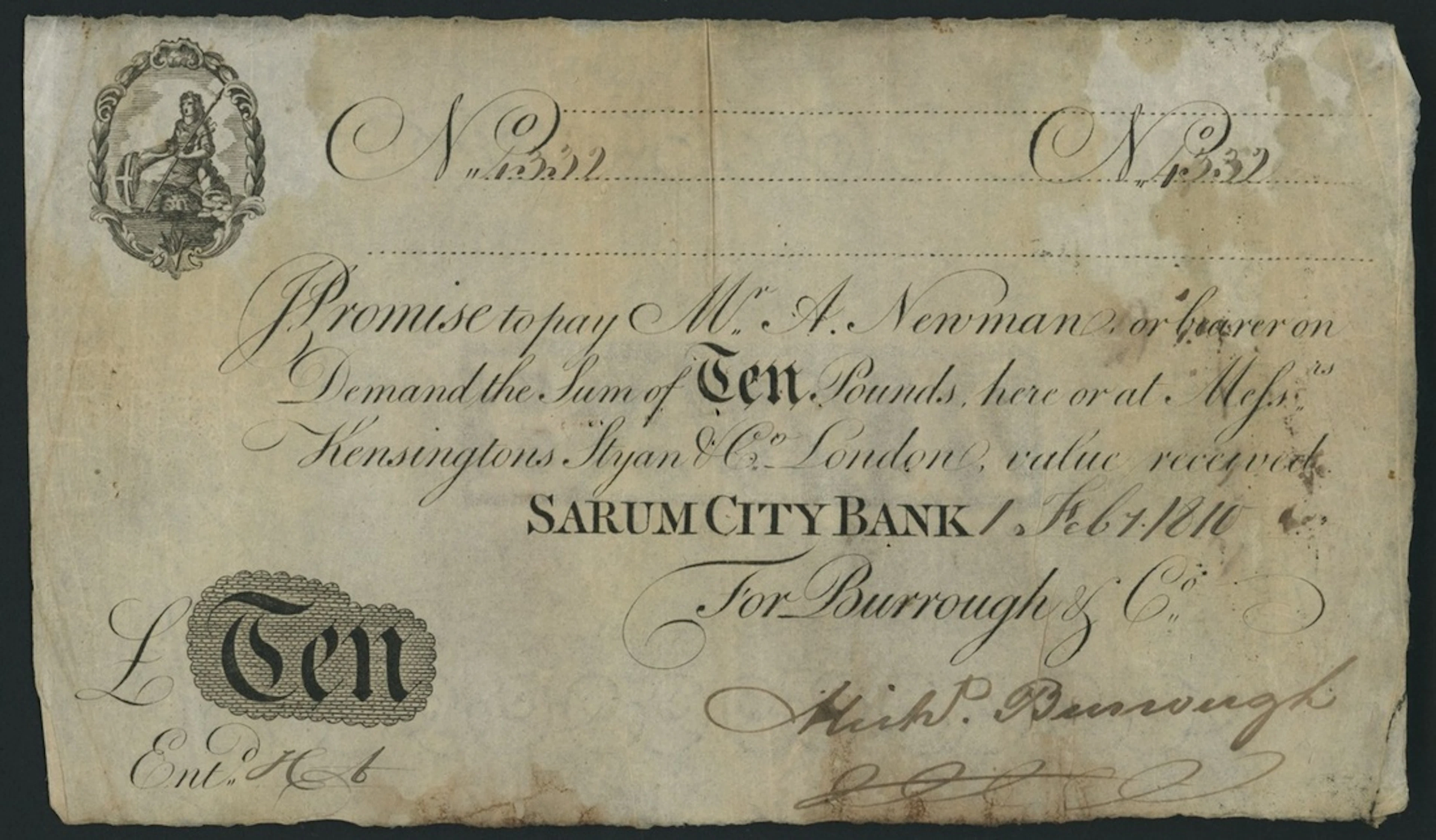 Sarum City Bank, Salisbury, for Burrough & Co., £10, 1st February