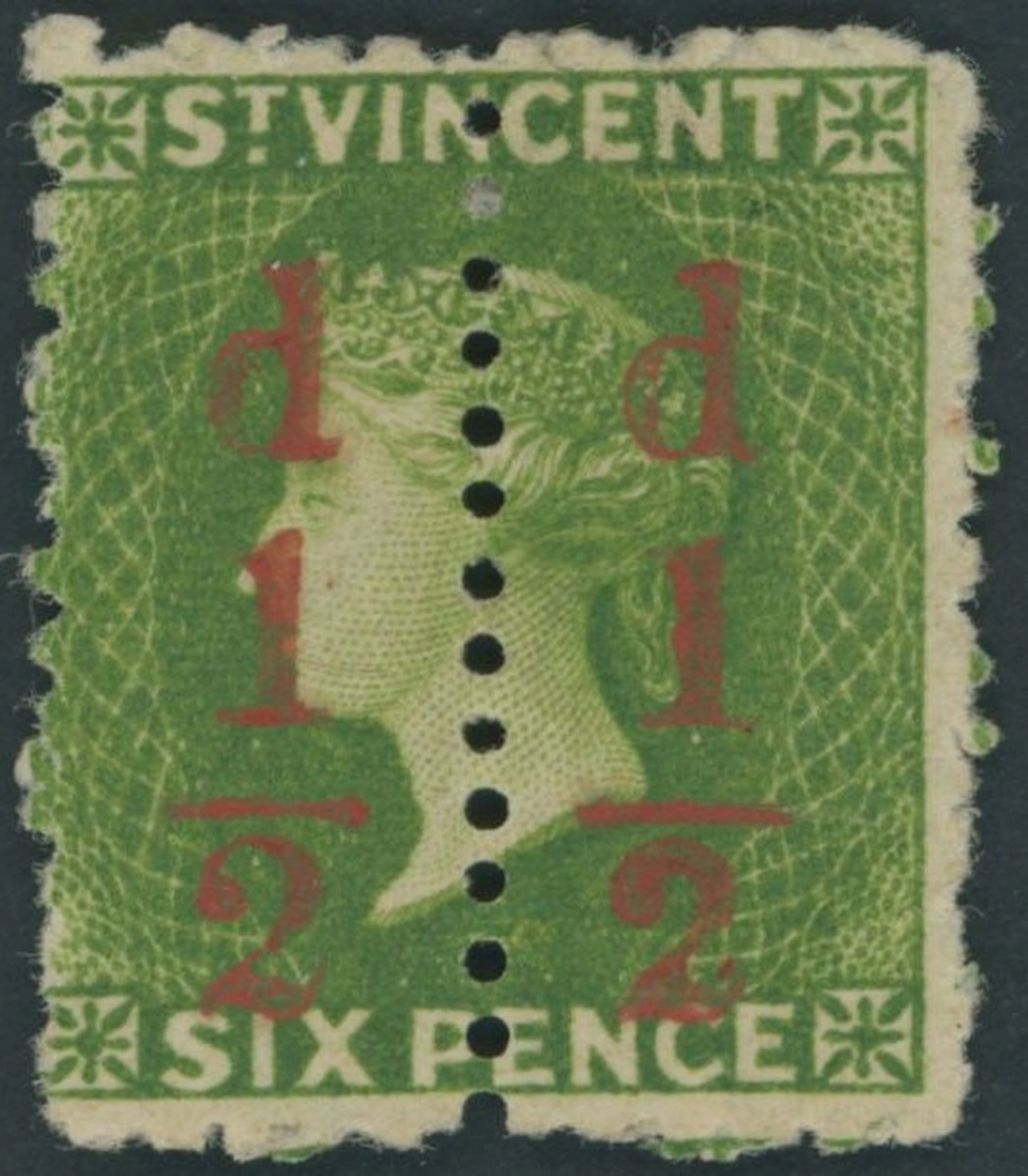 St. Vincent 1881 ½d. on half 6d. bright green, an unsevered pair
