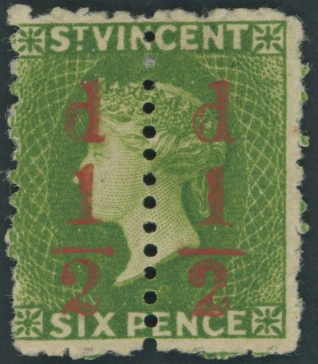 St. Vincent 1881 ½d. on half 6d. bright green, an unsevered pair