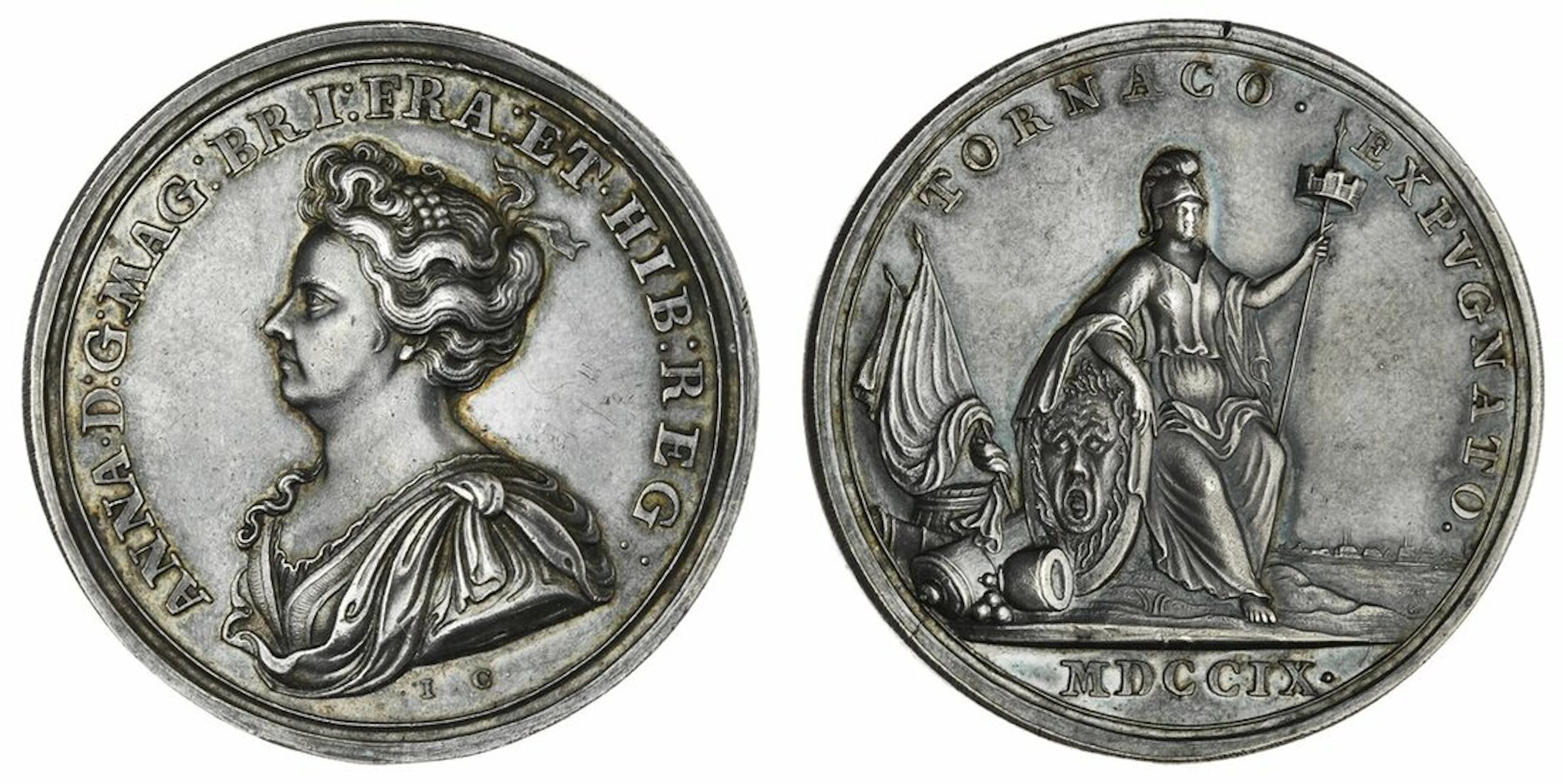 Capture of Tournai, AR Medal, 1709, by J. Croker, ANNA • D : G : MAG