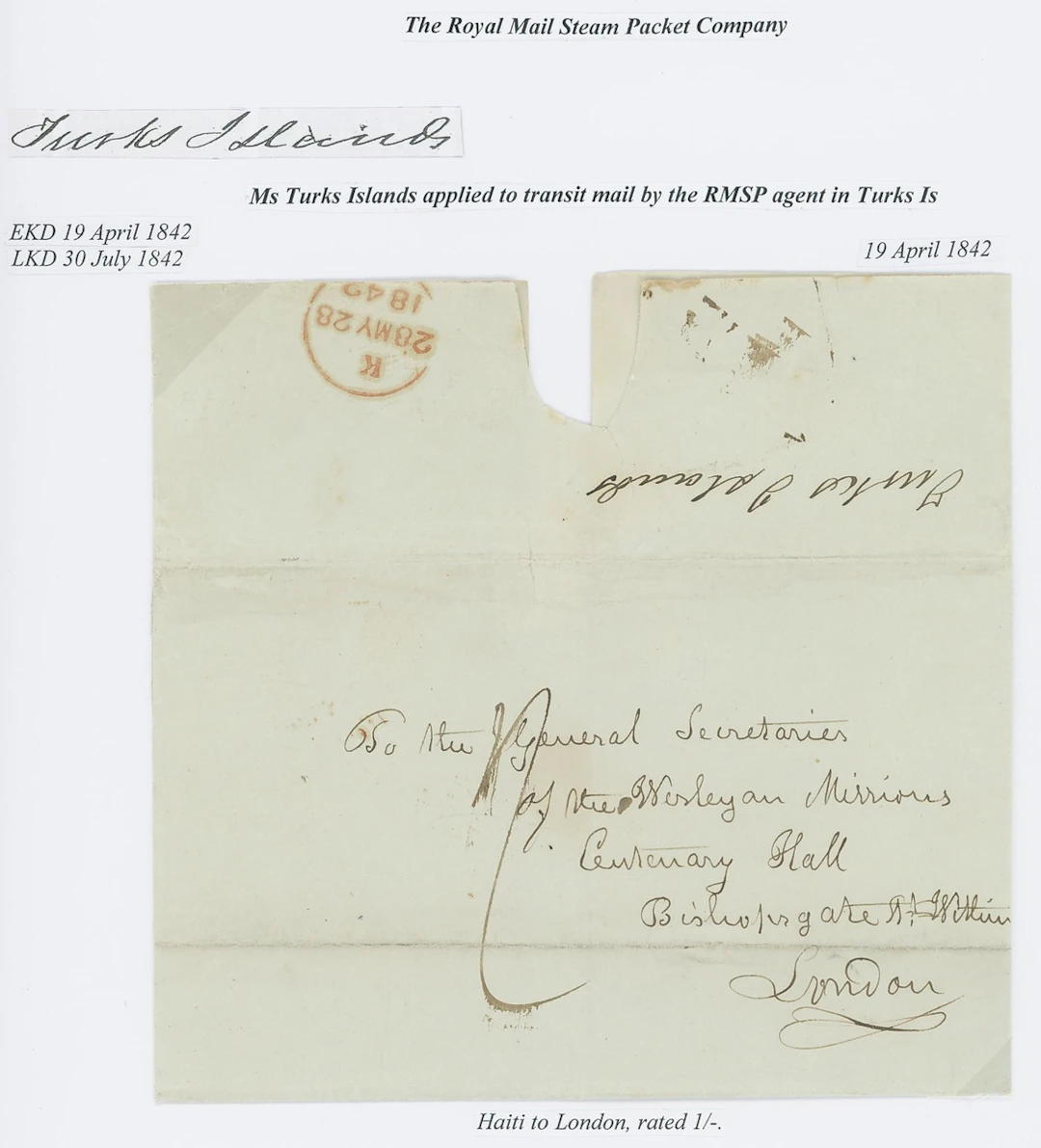 Turks Islands 1842 (19 Apr.) entire from Cape Haitien to London, rated