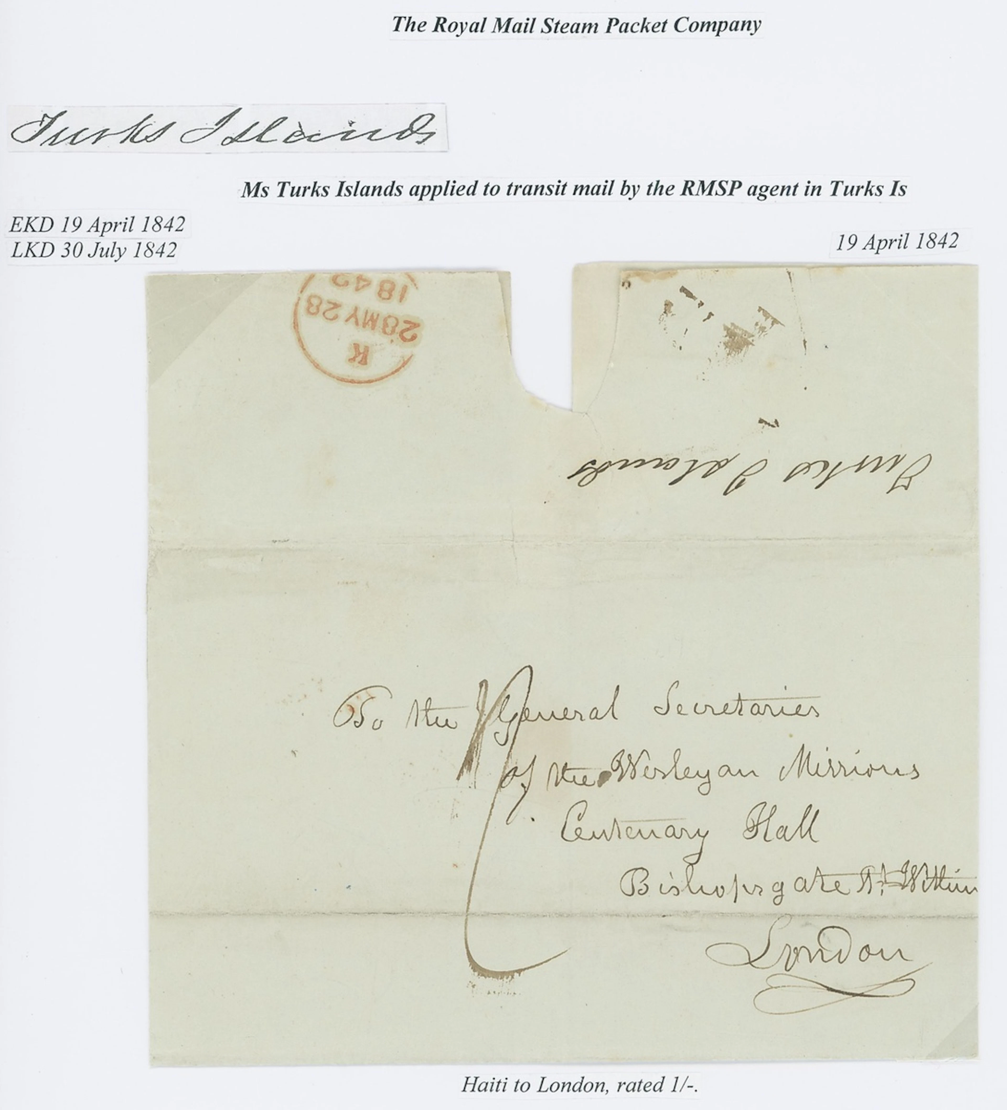 Turks Islands 1842 (19 Apr.) entire from Cape Haitien to London, rated