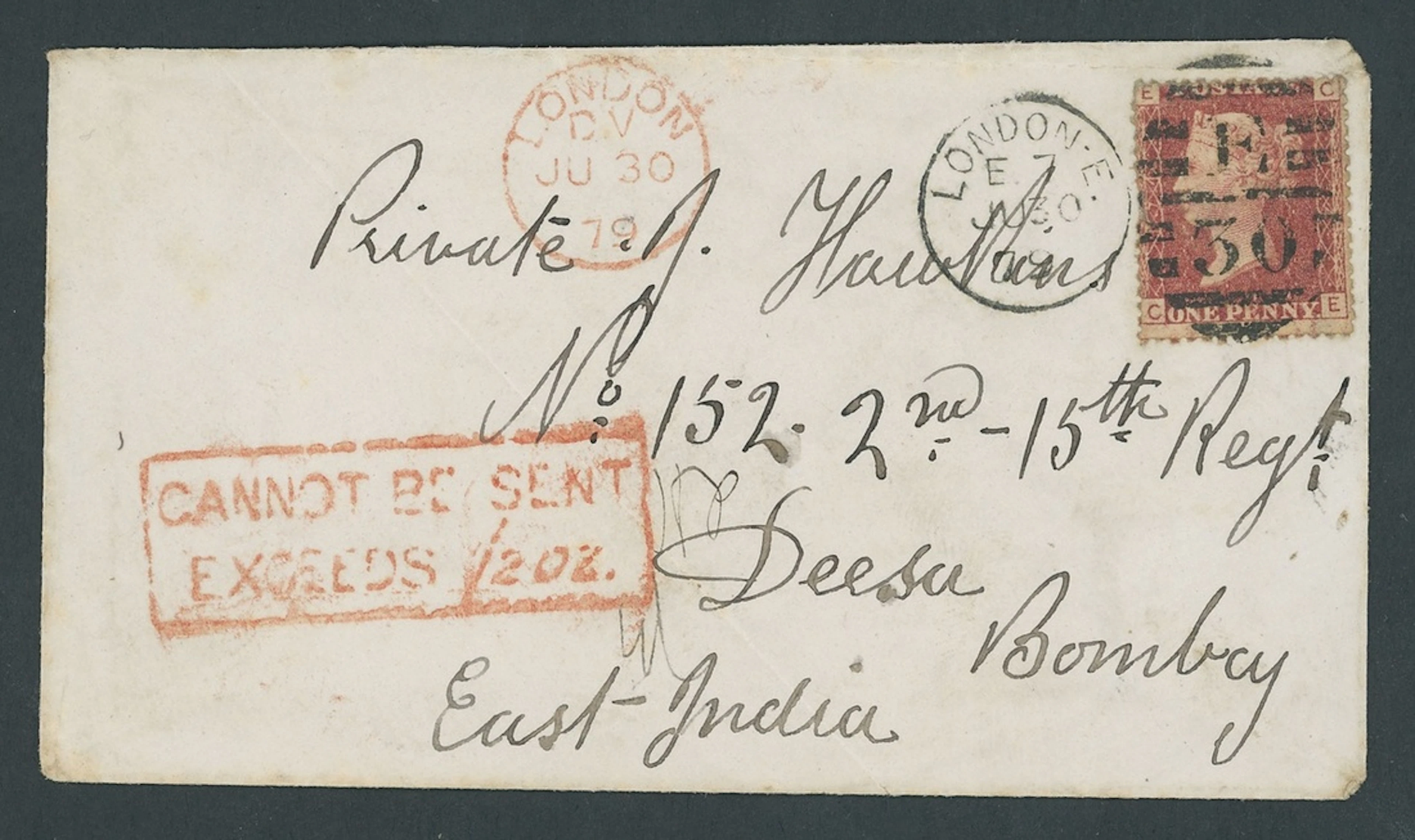Great Britain Postal History 1879 (30 June), envelope franked 1864-79