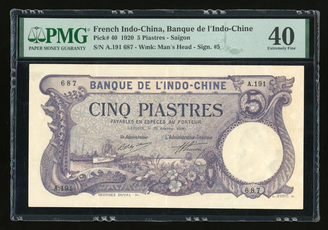 Banque de l'Indo-Chine, French Indo China, 5 piastres, 1920, Saigon