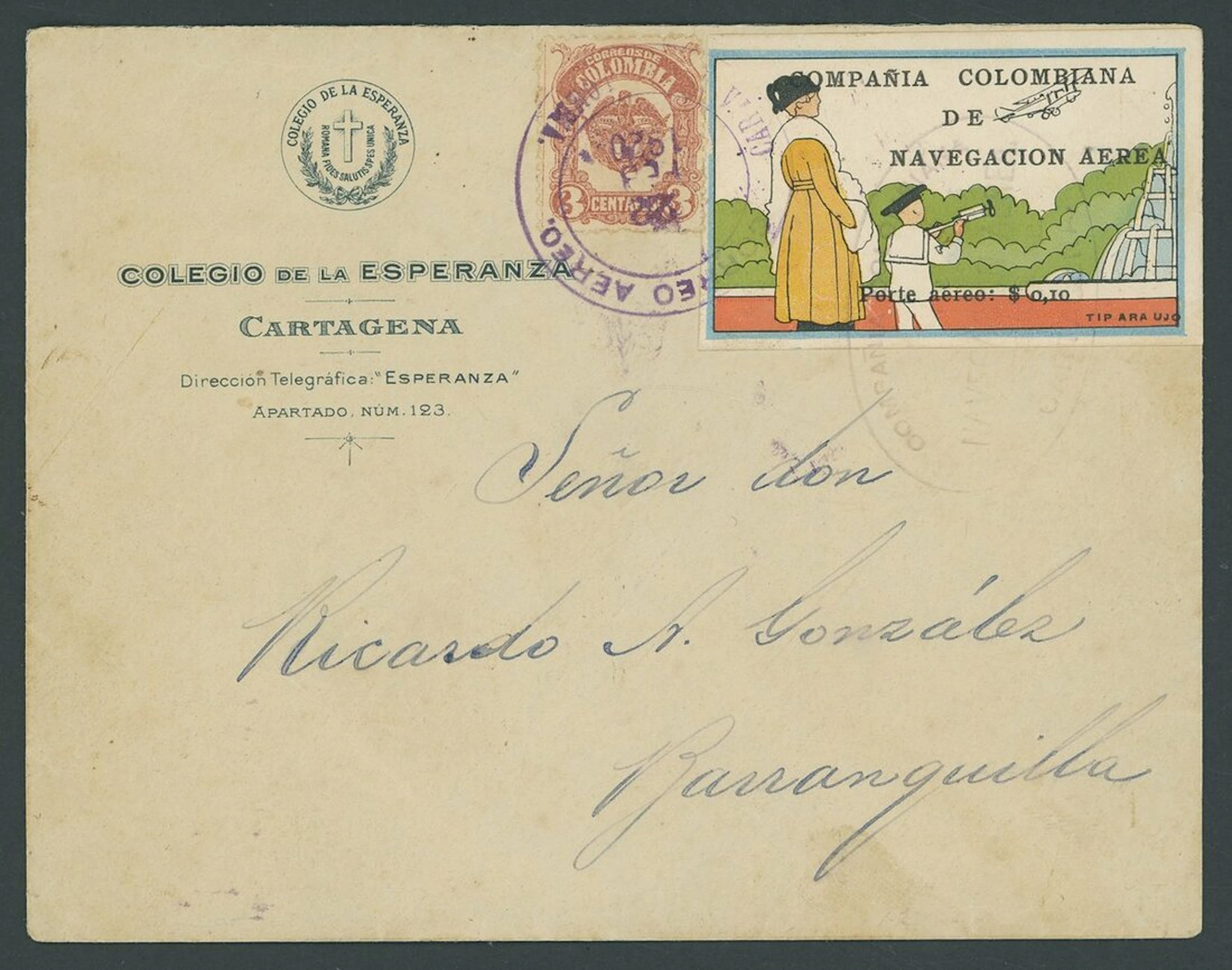 Colombia 1920, 10c."Woman and Boy Watching Plane" vignette, a fine