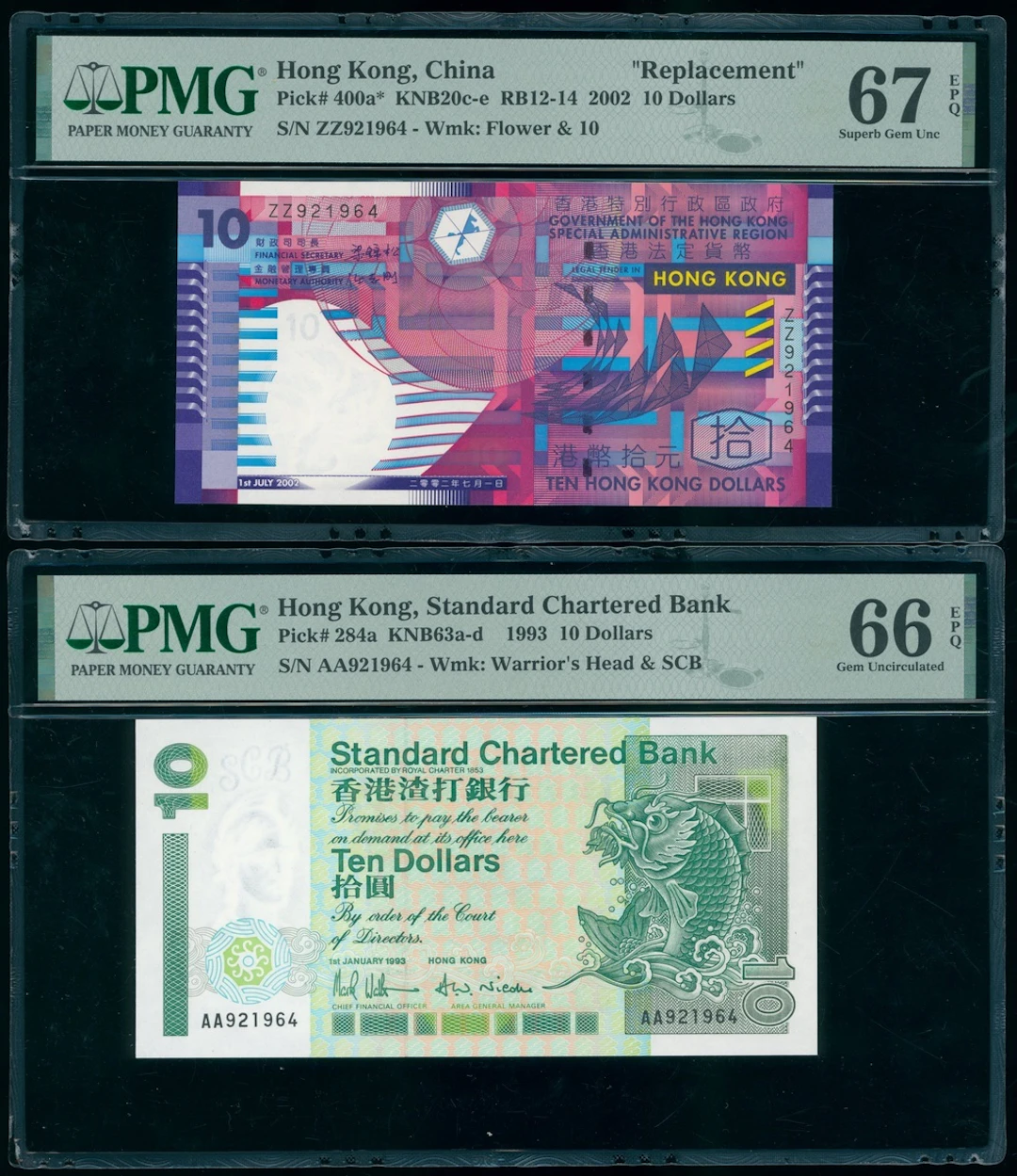Hong Kong, a pair of $10 with matching serial numbers, including: