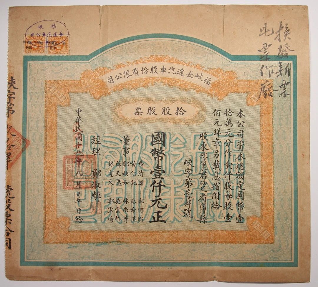 Fu Xia Long Haul Motor Limited, China, a share certificate for 10